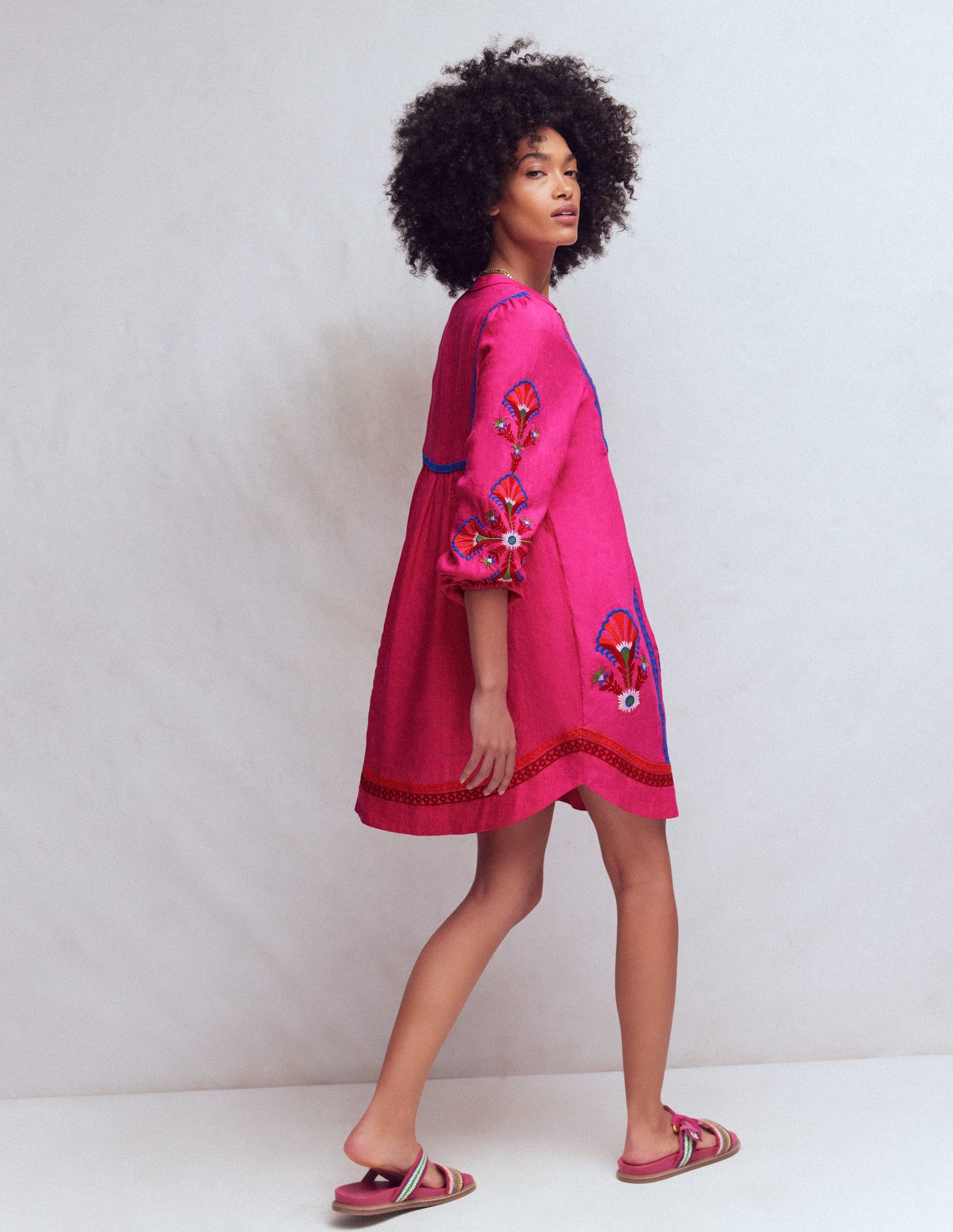 green emerald velvet dress Pia Linen Blend Yoke Dress-Pink Embroidery
