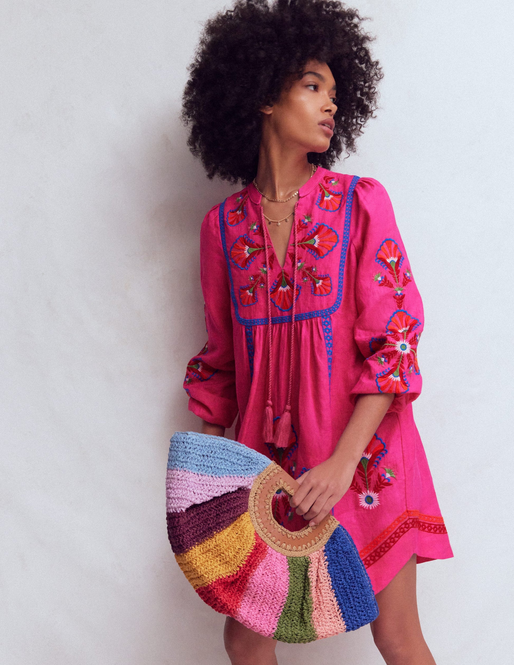 Pia Linen Blend Yoke Dress-Pink Embroidery | Boden USA