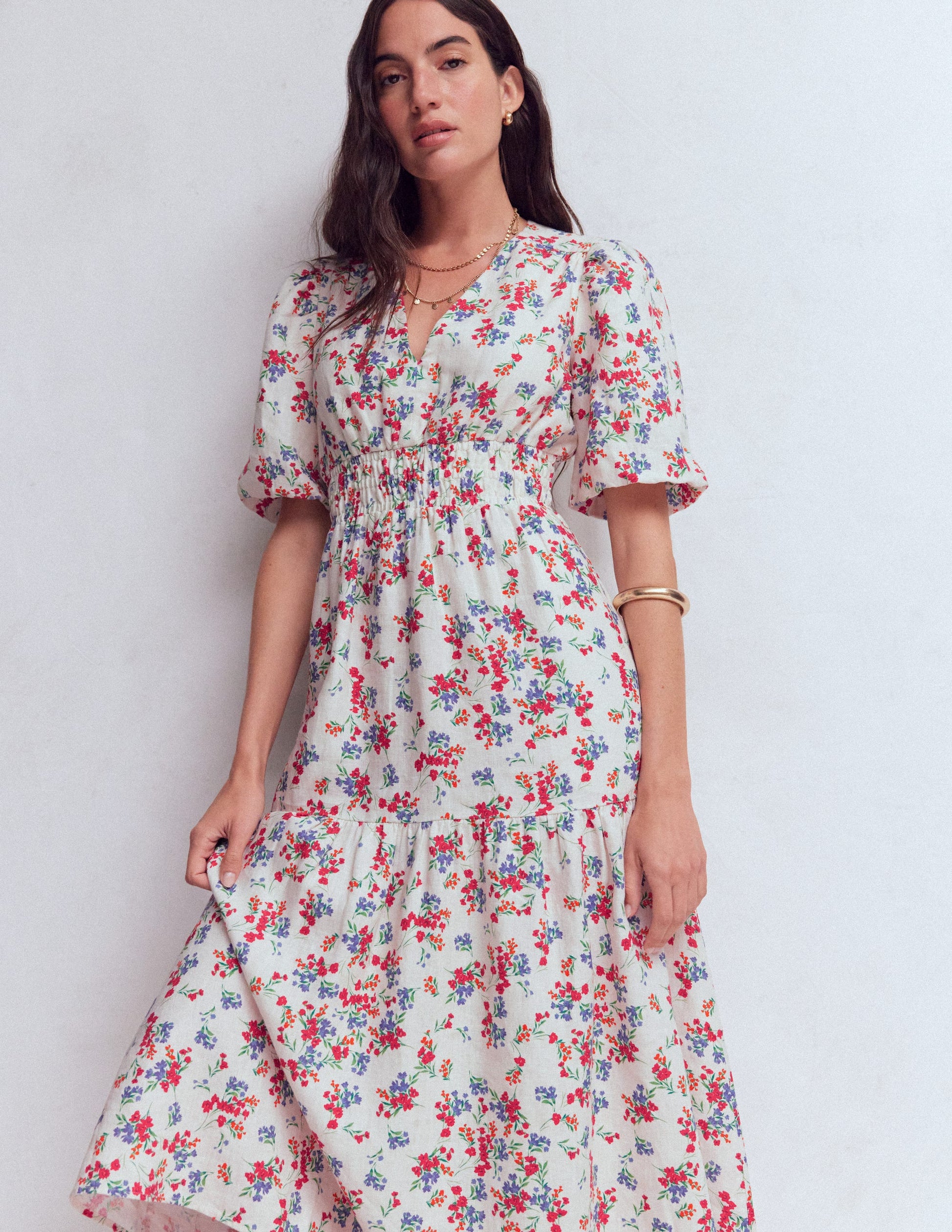 Irene Linen Midi Dress-Ivory, Bloom Scatter | Boden USA