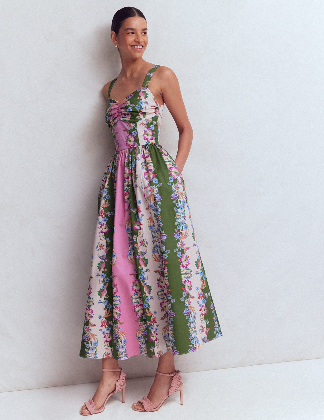 Floral striped fit-and-flare midi dress with a fitted strappy bodice and a full skirt