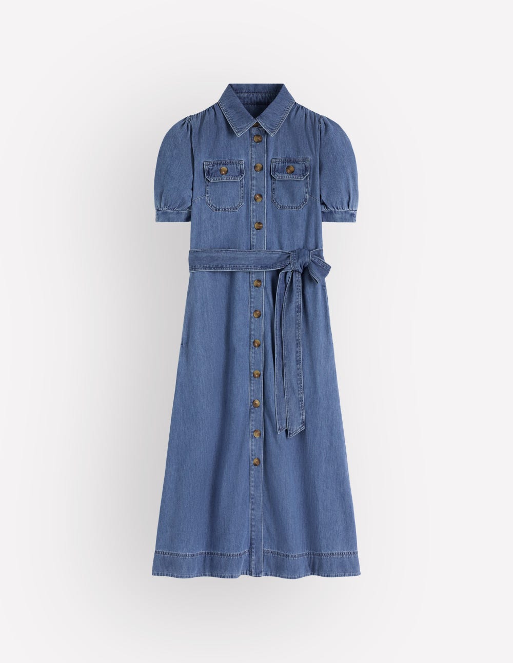 Puff Sleeve Denim Shirt Dress-Mid Vintage-6