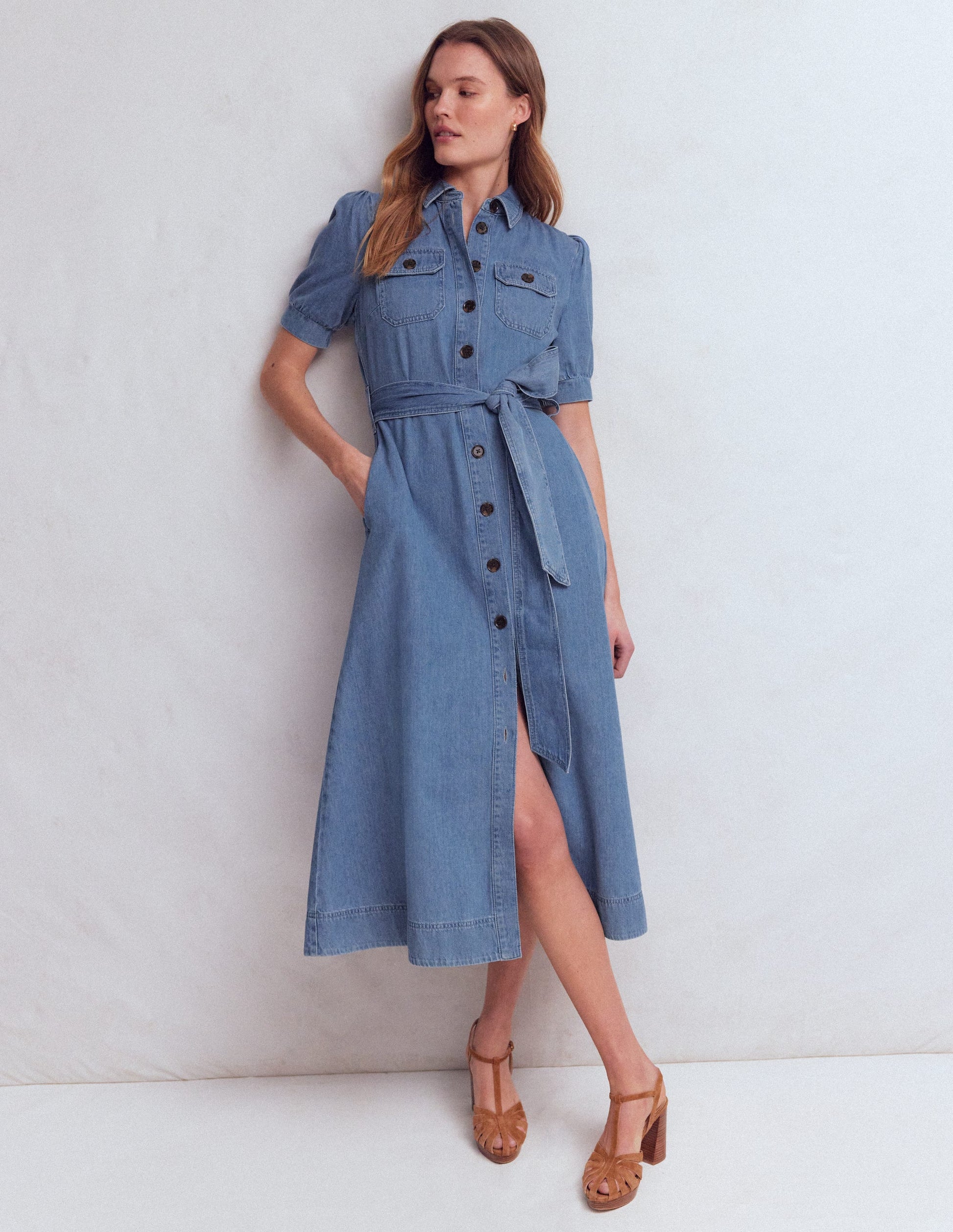 Puff Sleeve Denim Shirt Dress-Mid Vintage-1