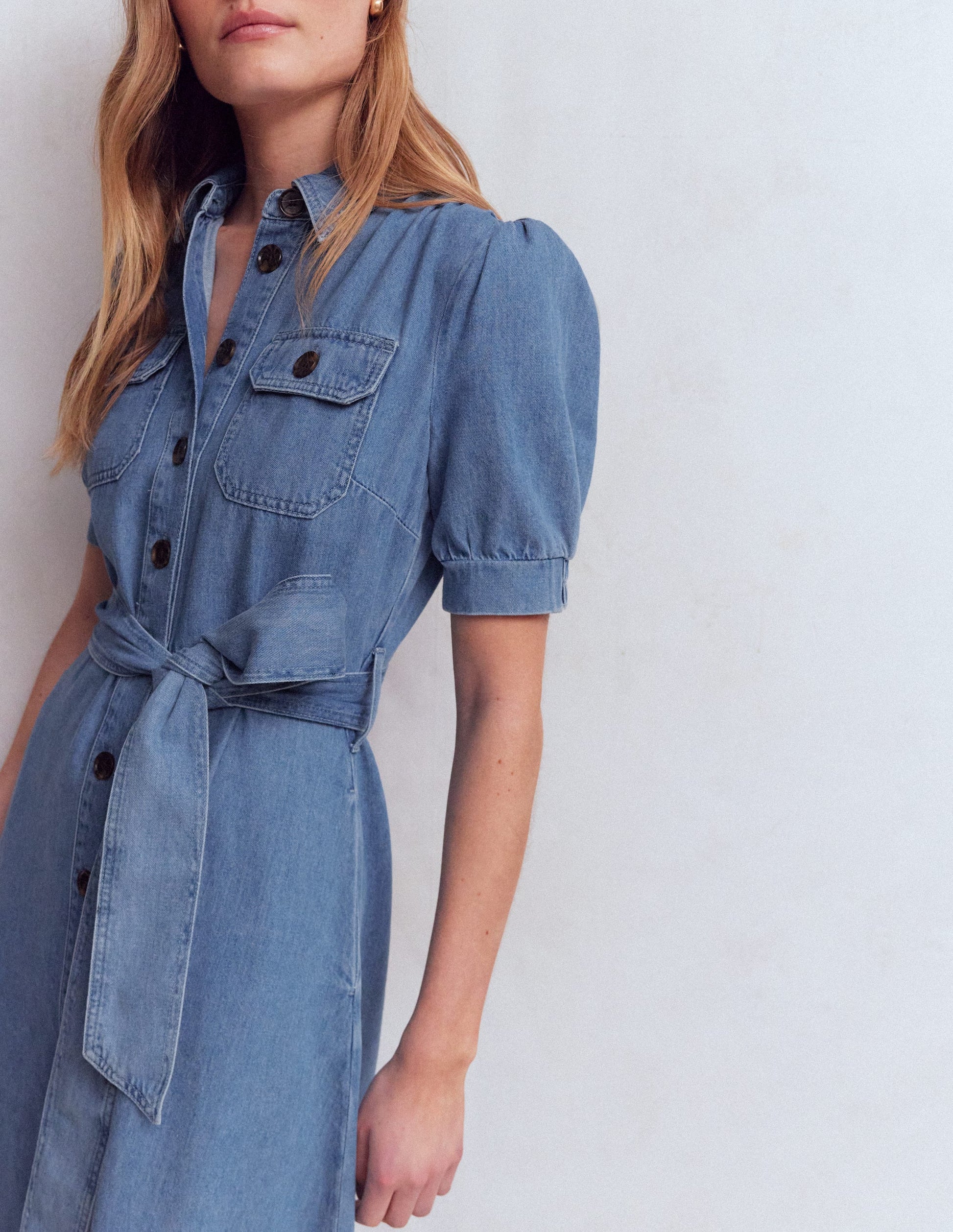 Puff Sleeve Denim Shirt Dress-Mid Vintage-2