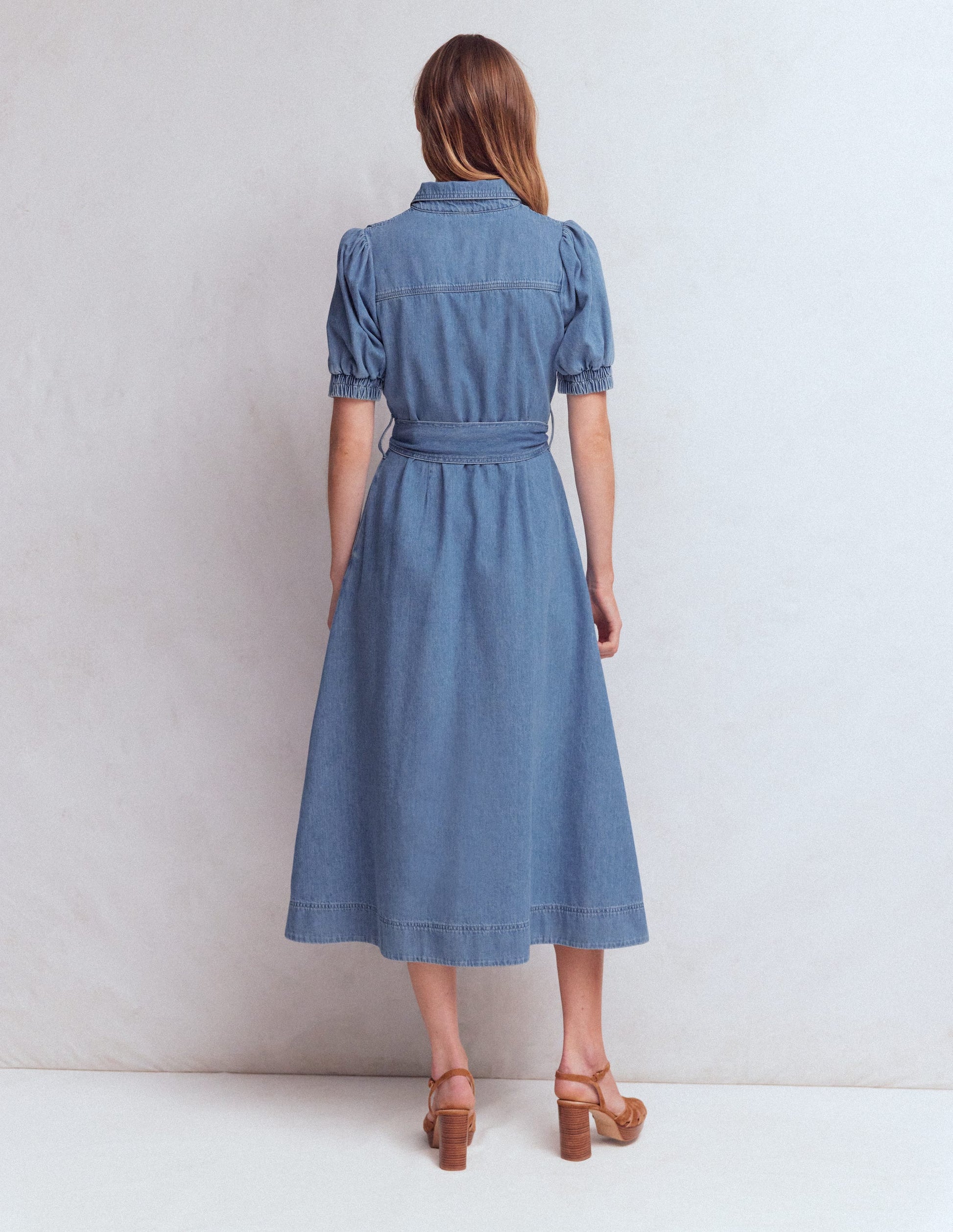 Puff Sleeve Denim Shirt Dress-Mid Vintage-3