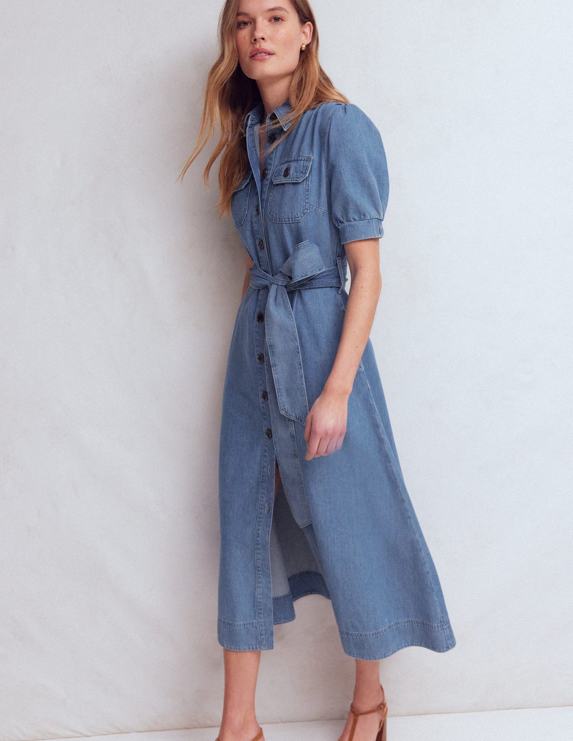 Puff Sleeve Denim Shirt Dress-Mid Vintage-4