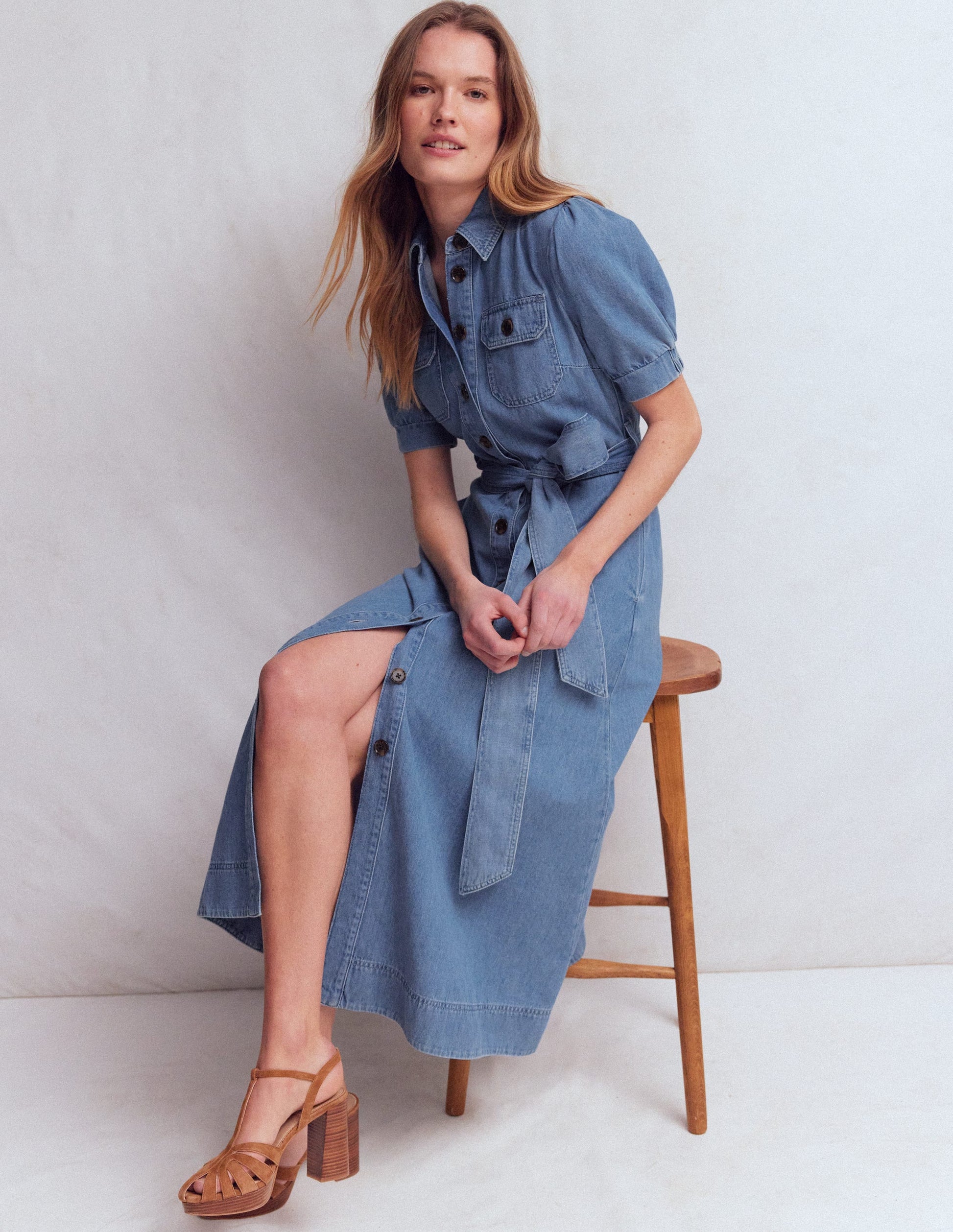 Puff Sleeve Denim Shirt Dress-Mid Vintage-5