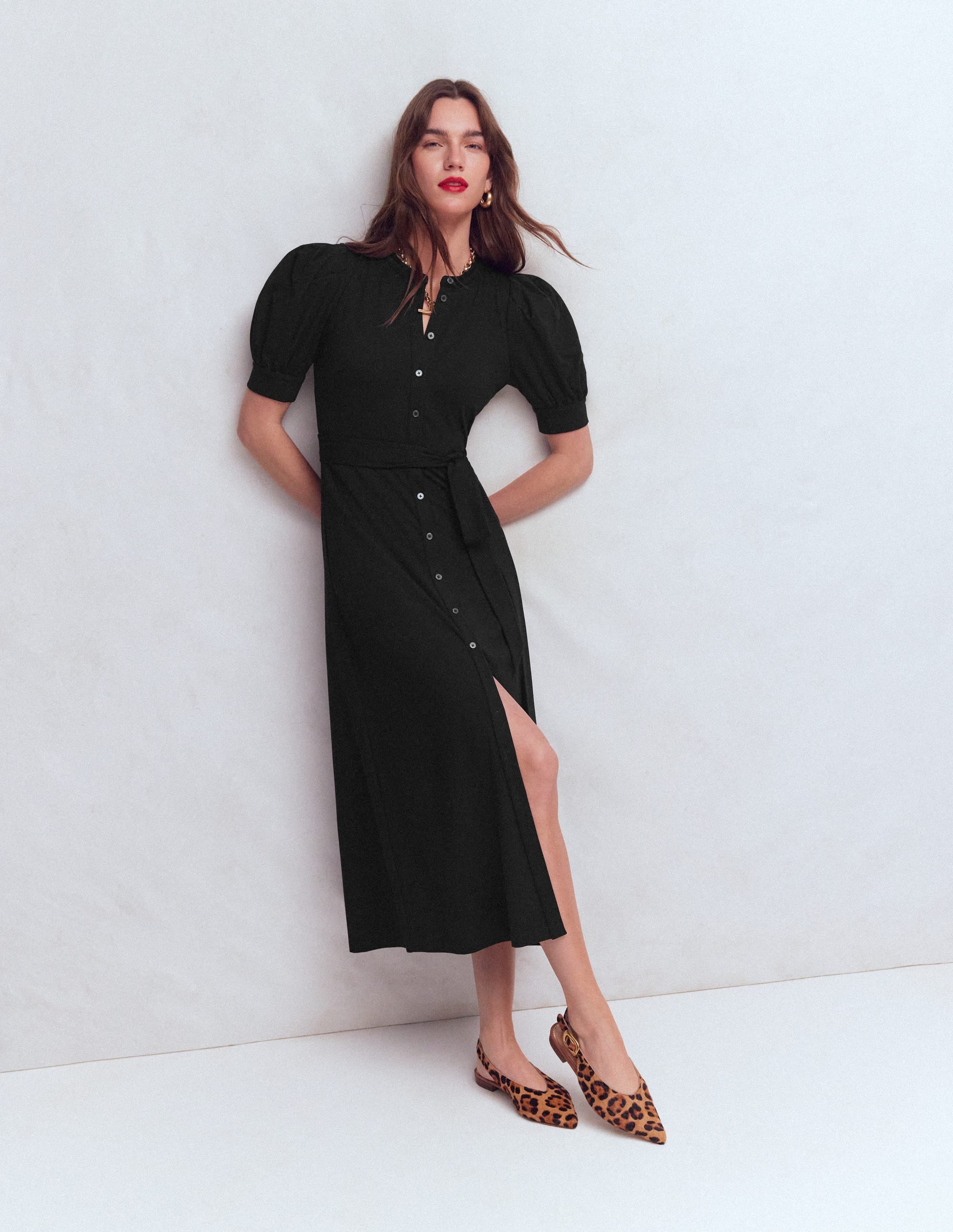 Puff Sleeve Ponte Shirt Dress-Black - Image 1