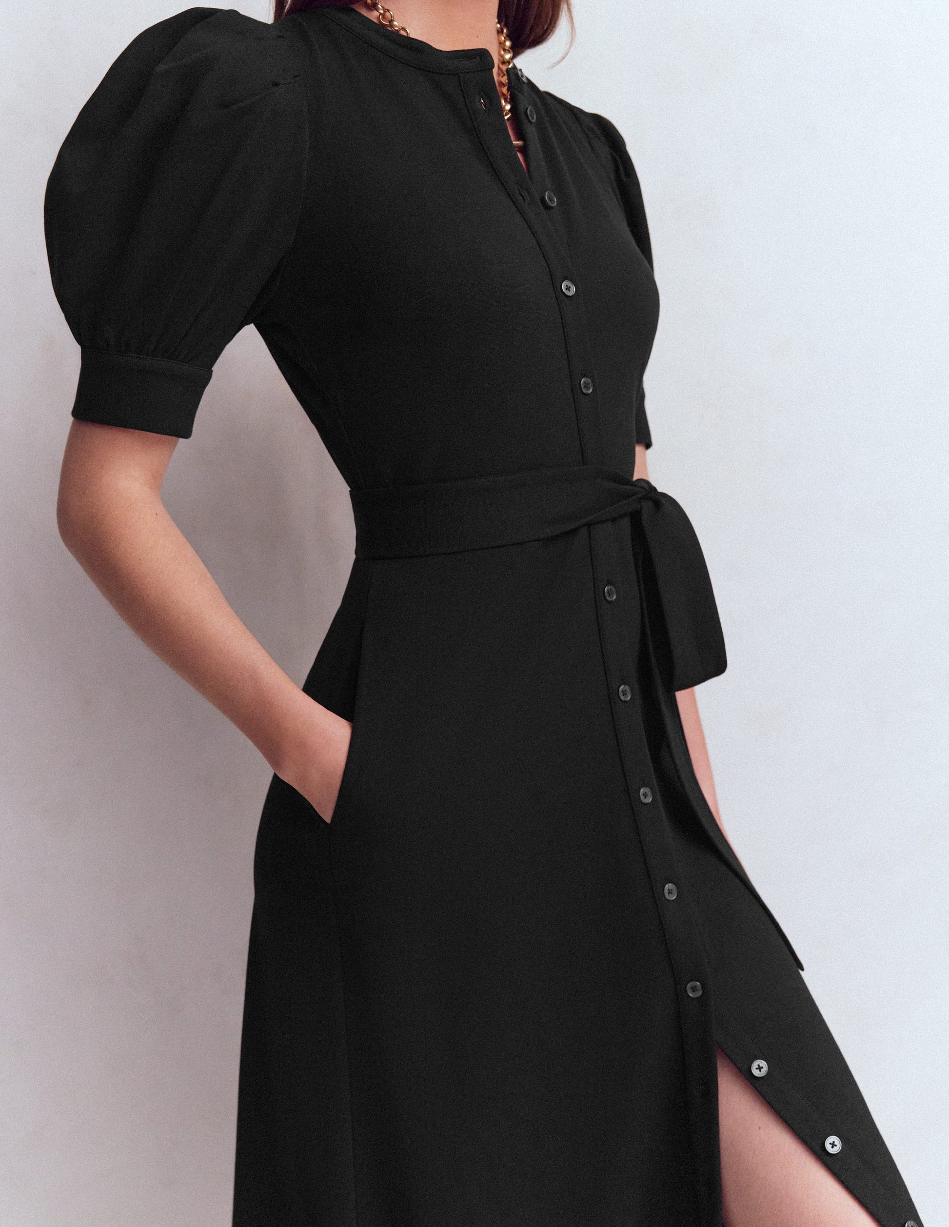 Boden Women's Puff Sleeve Ponte Shirt Dress in Black