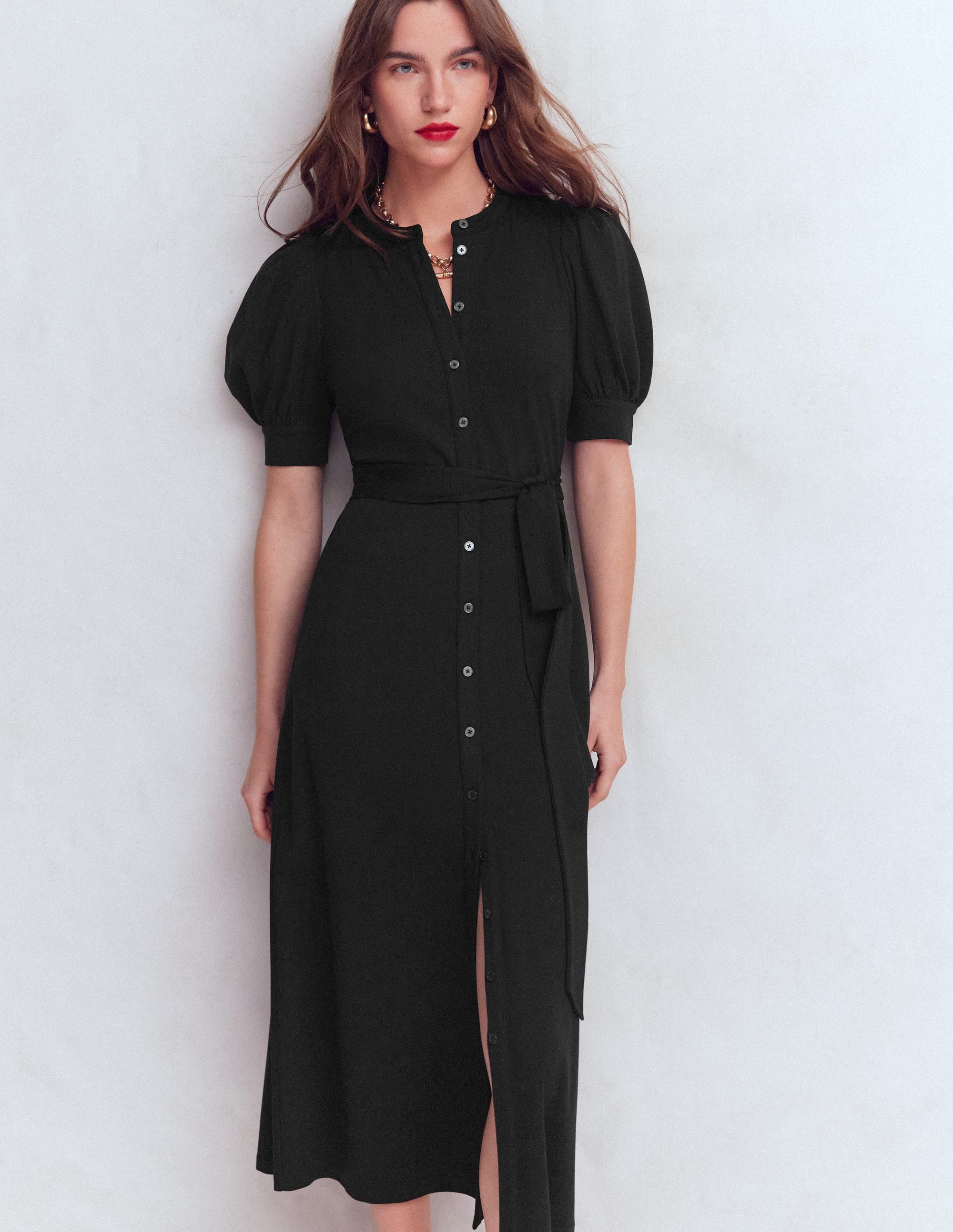 Puff Sleeve Ponte Shirt Dress-Black - Image 5
