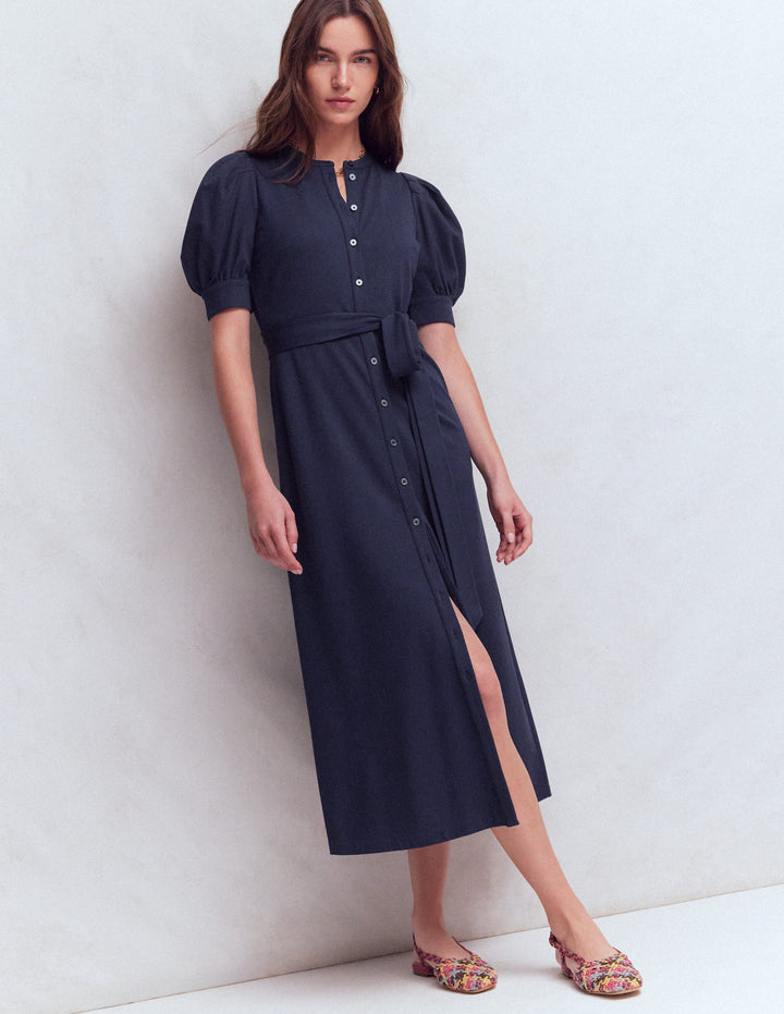 Puff Sleeve Ponte Shirt Dress-Navy