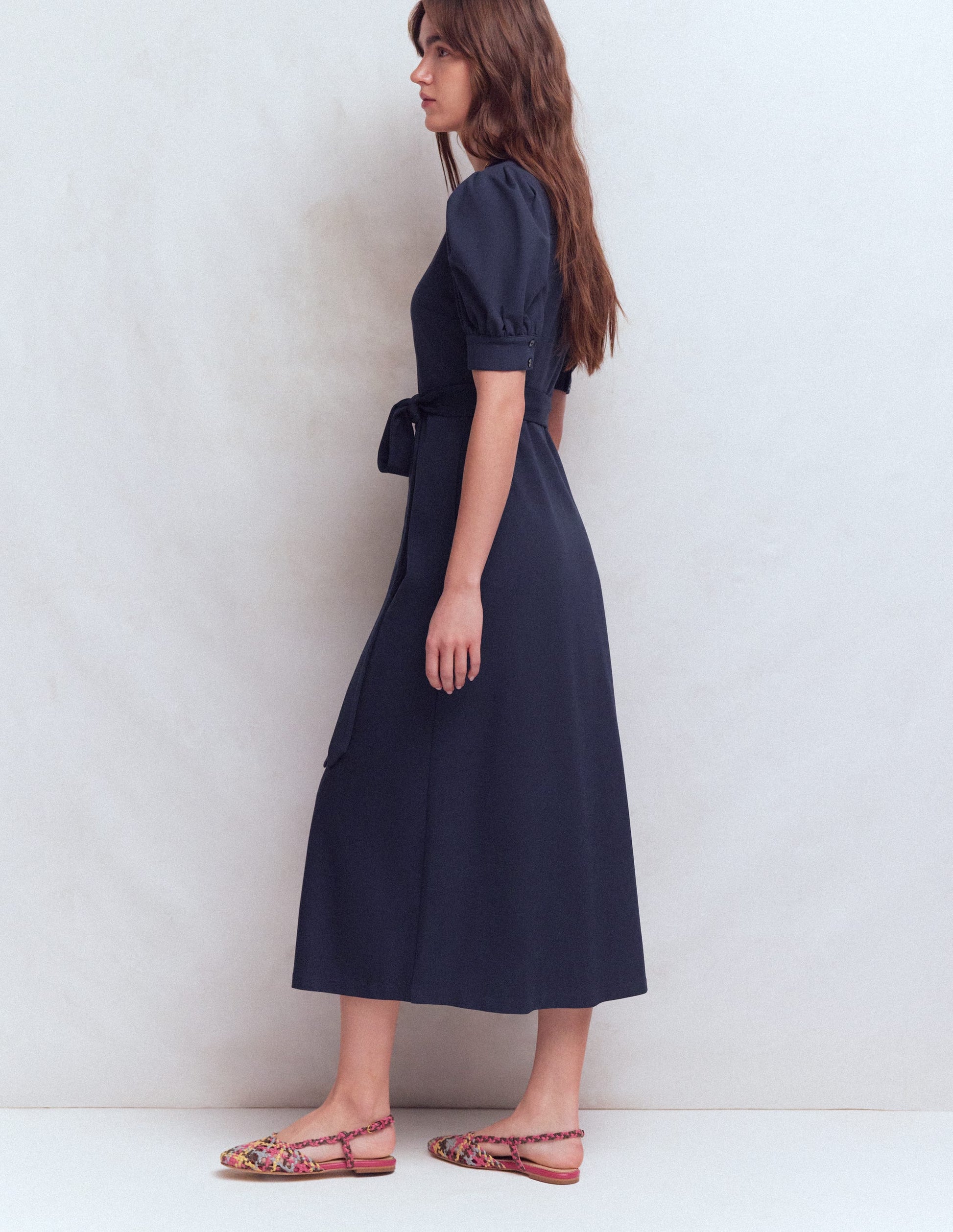 Puff Sleeve Ponte Shirt Dress-Navy-3