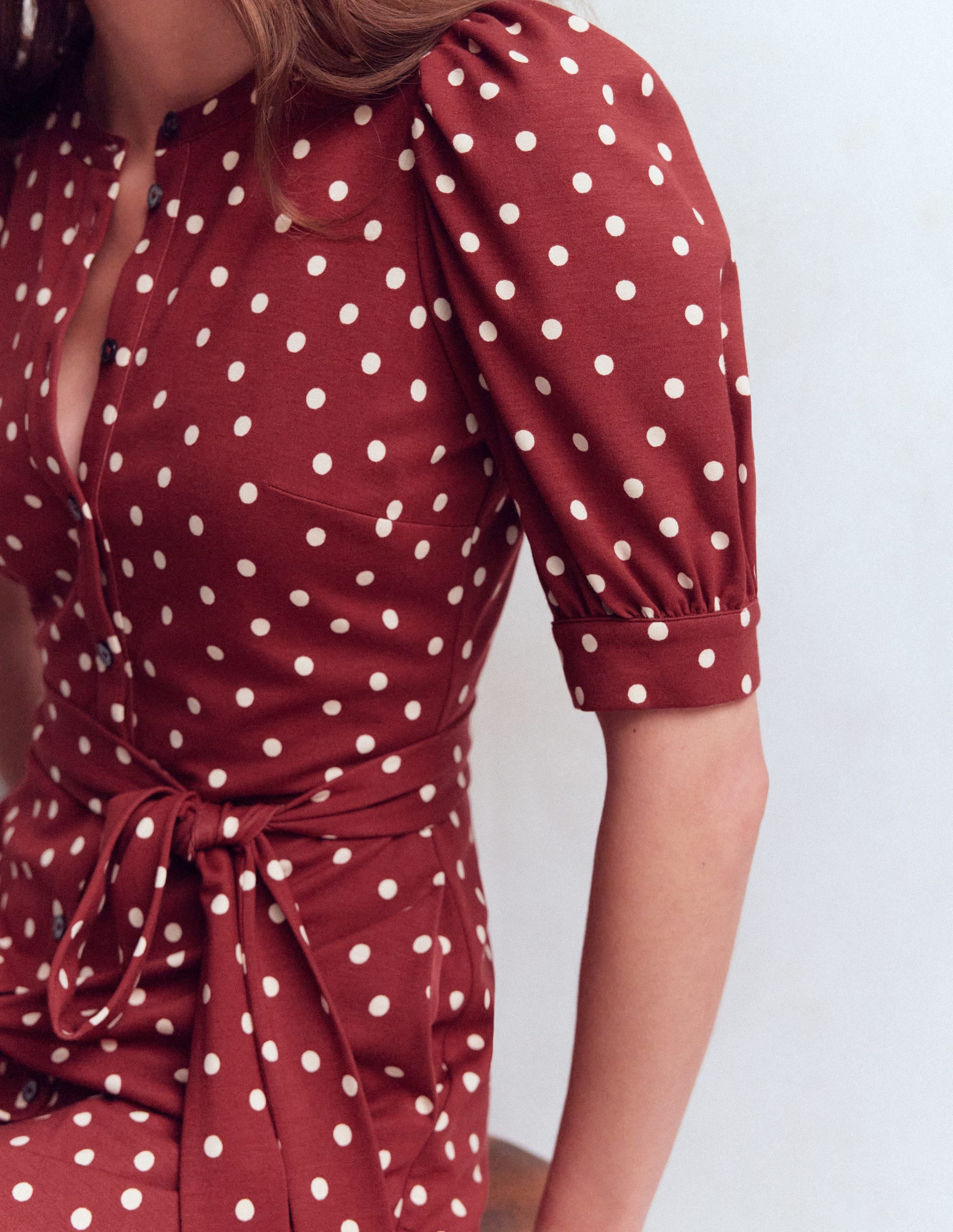 Puff Sleeve Ponte Shirt Dress-Red Pear, Painted Dot - Image 2