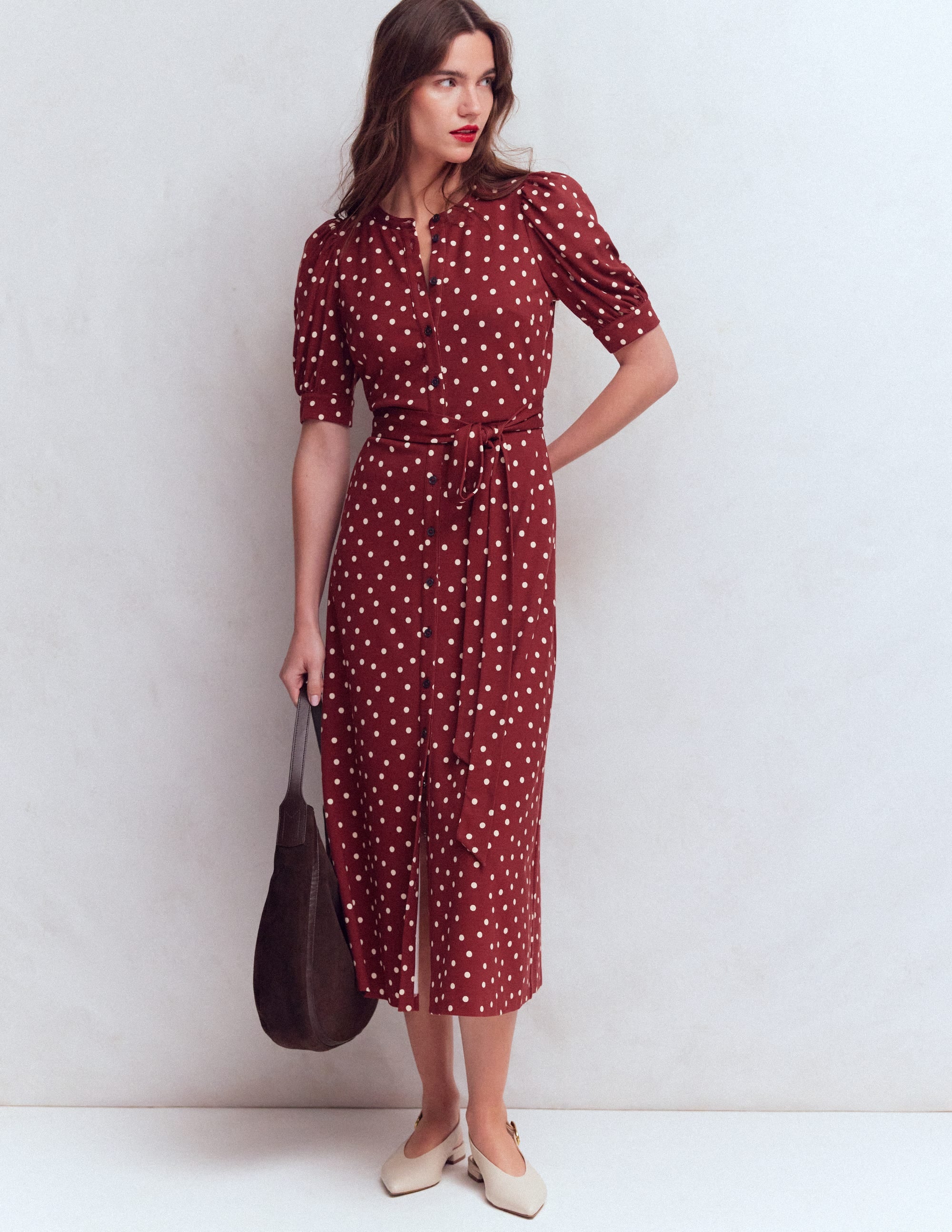 Puff Sleeve Ponte Shirt Dress-Red Pear, Painted Dot - Image 5