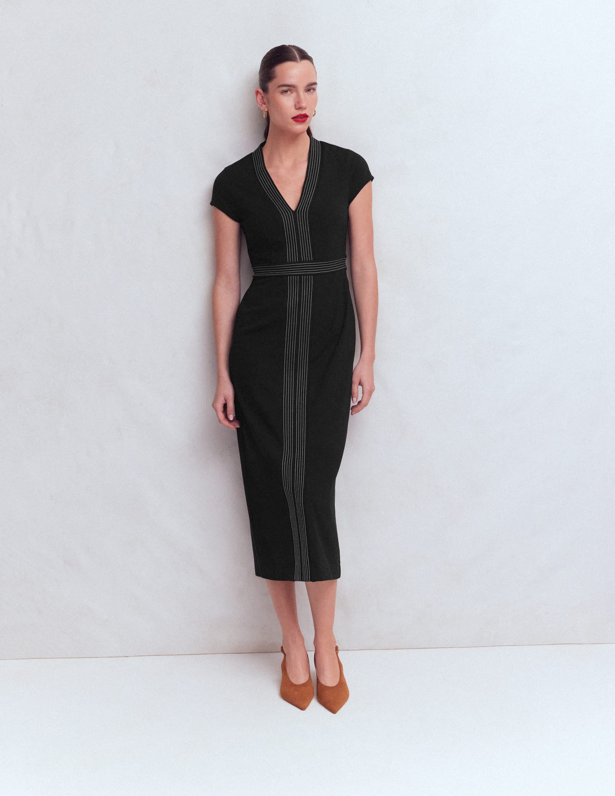 Topstitch V-neck Ponte Dress-Black - Image 1