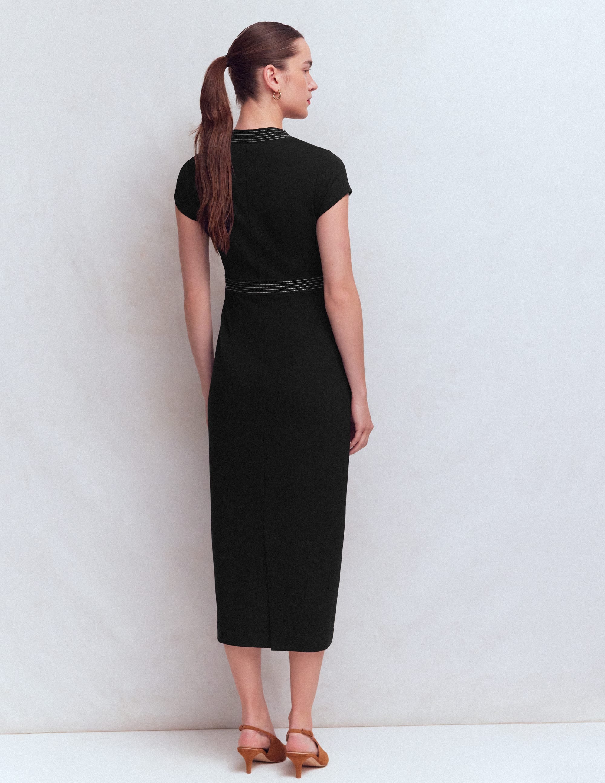 Topstitch V-neck Ponte Dress-Black - Image 3