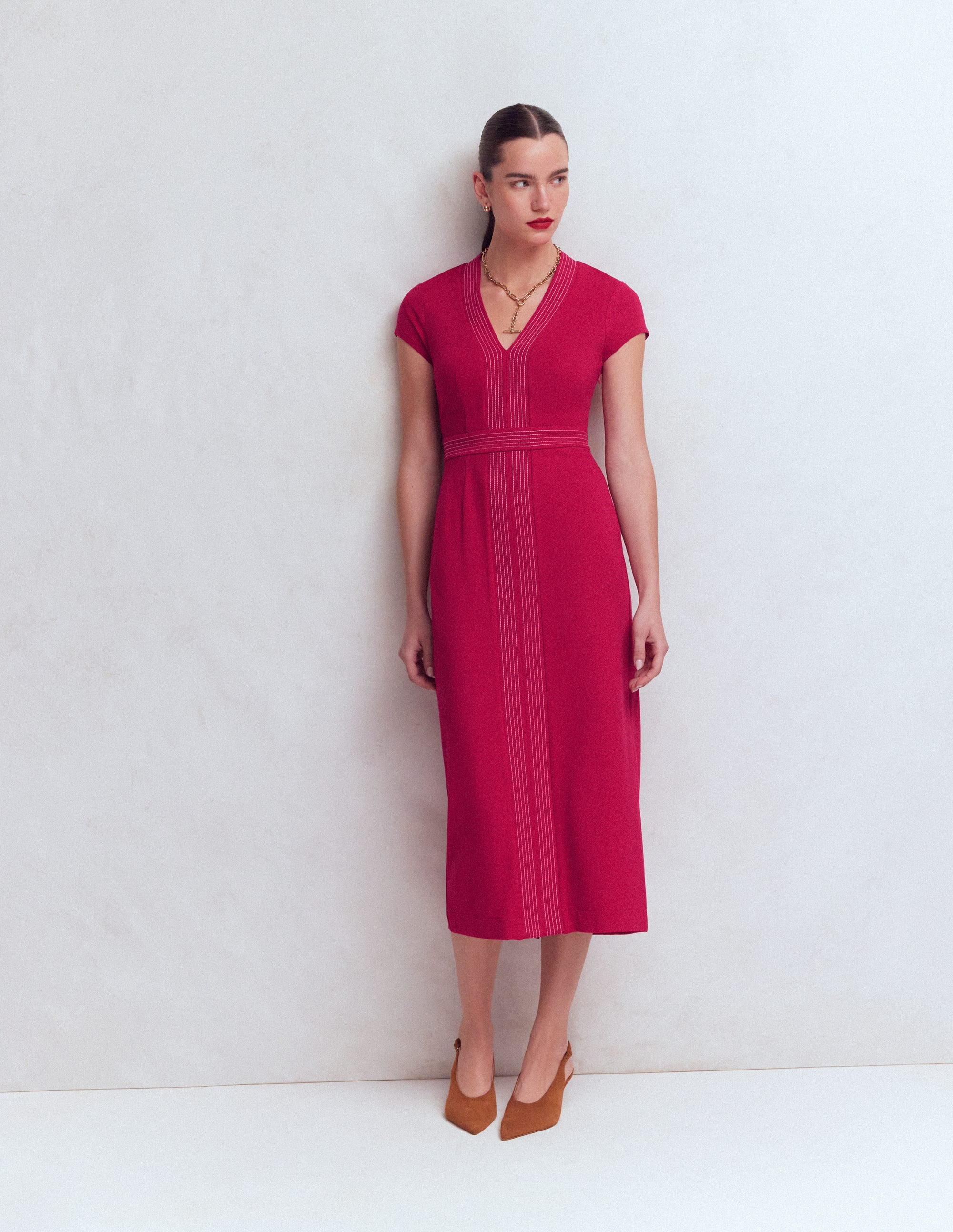 Topstitch V-neck Ponte Dress-Pomegranate - Image 1