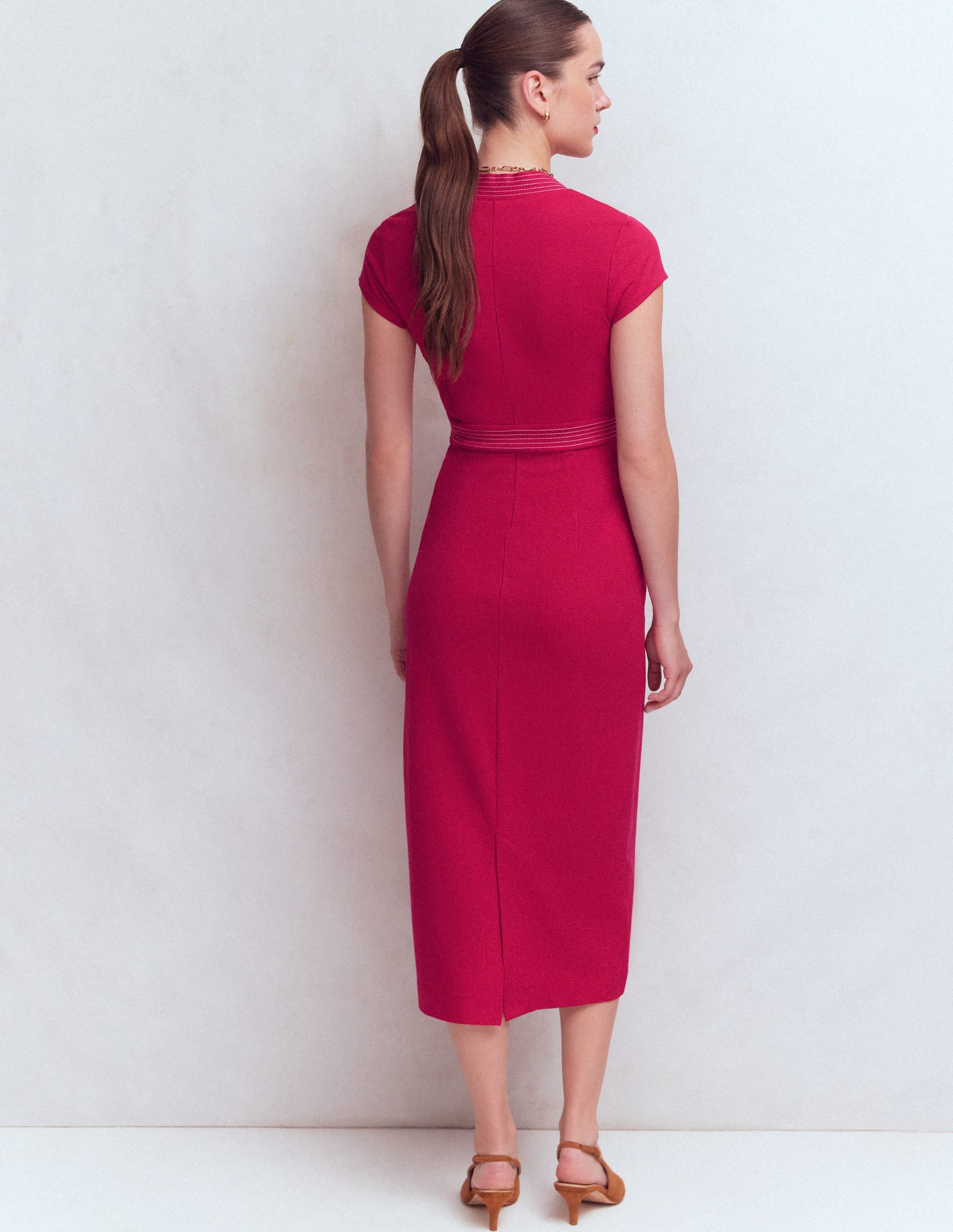 Topstitch V-neck Ponte Dress-Pomegranate - Image 3