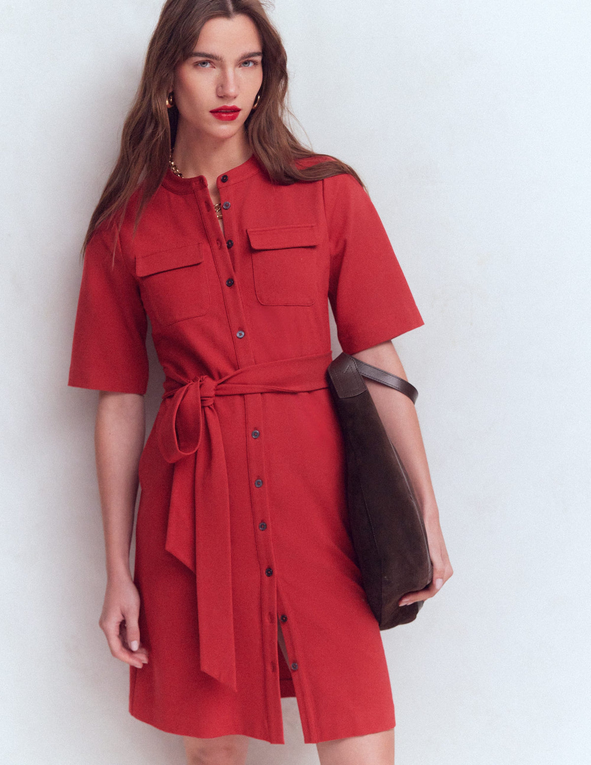 Front Pocket Ponte Dress-Crimson Red - Image 1