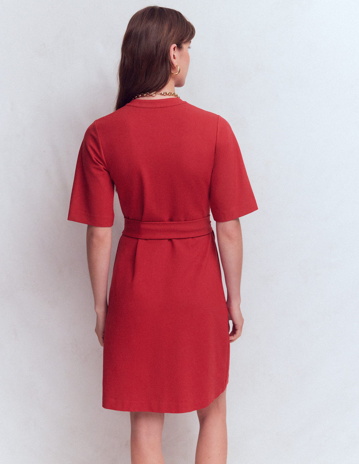 Front Pocket Ponte Dress-Crimson Red - Image 3