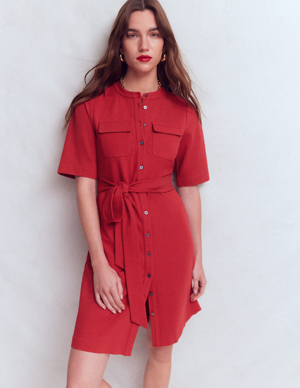 Front Pocket Ponte Dress-Crimson Red - Image 4