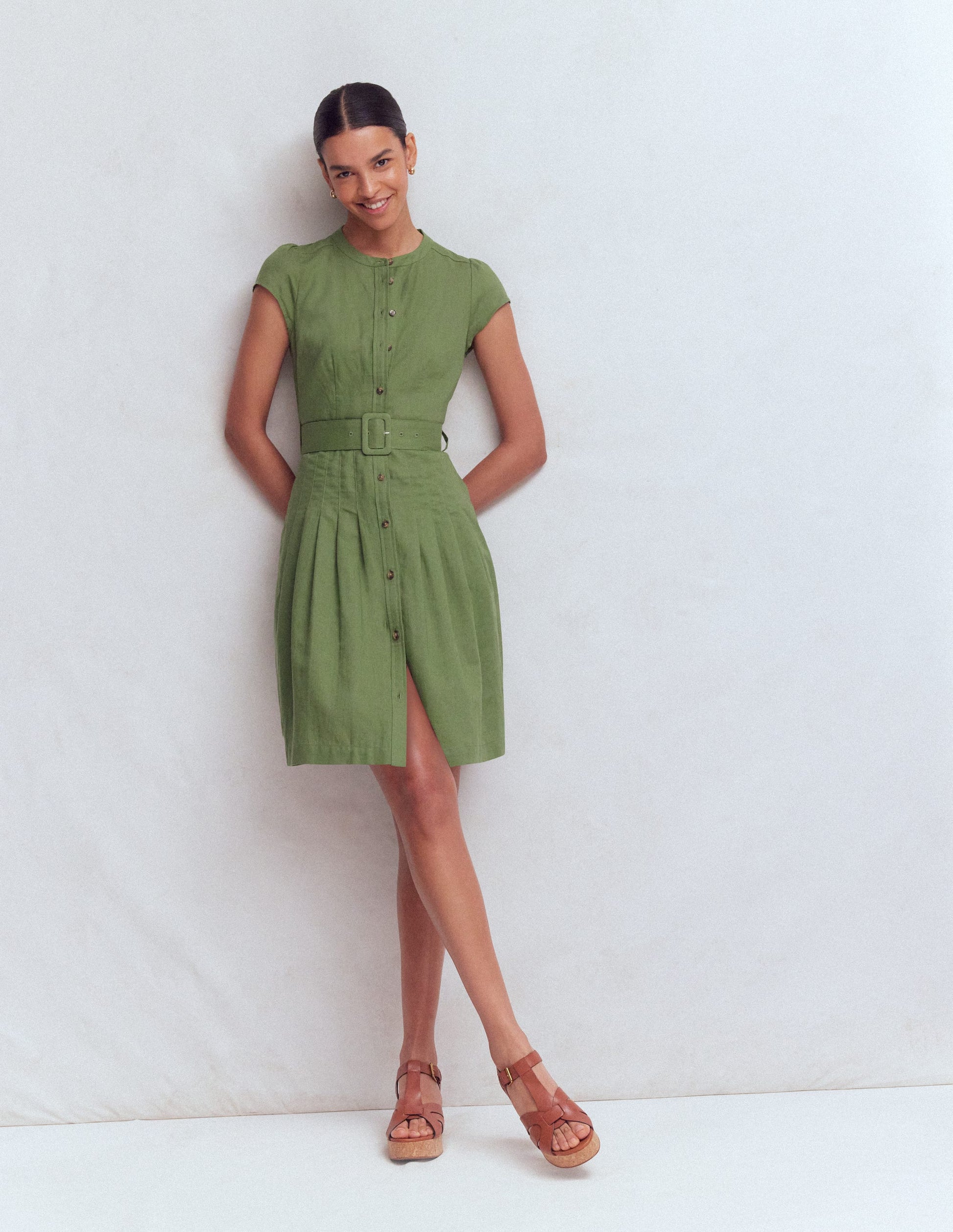 Arabella Short Linen Dress-Safari Green | Boden USA Arabella Short Linen Dress-Safari Green | Boden USA