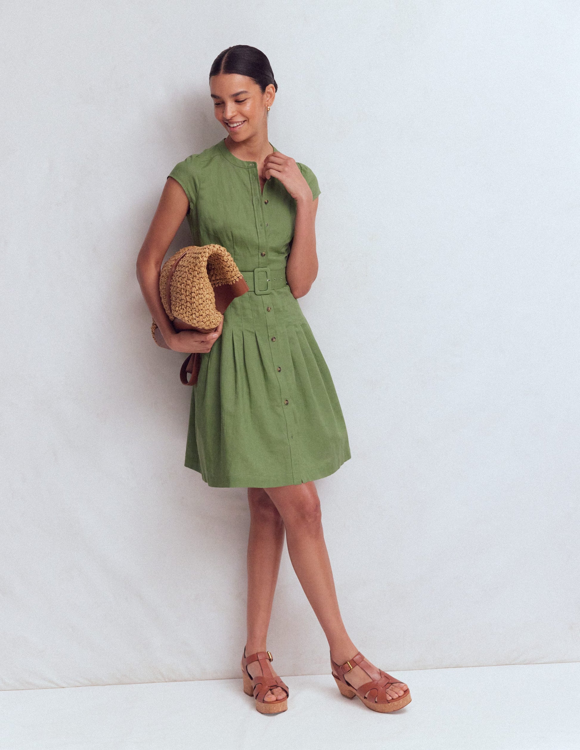 Arabella Short Linen Dress-Safari Green | Boden USA Arabella Short Linen Dress-Safari Green | Boden USA