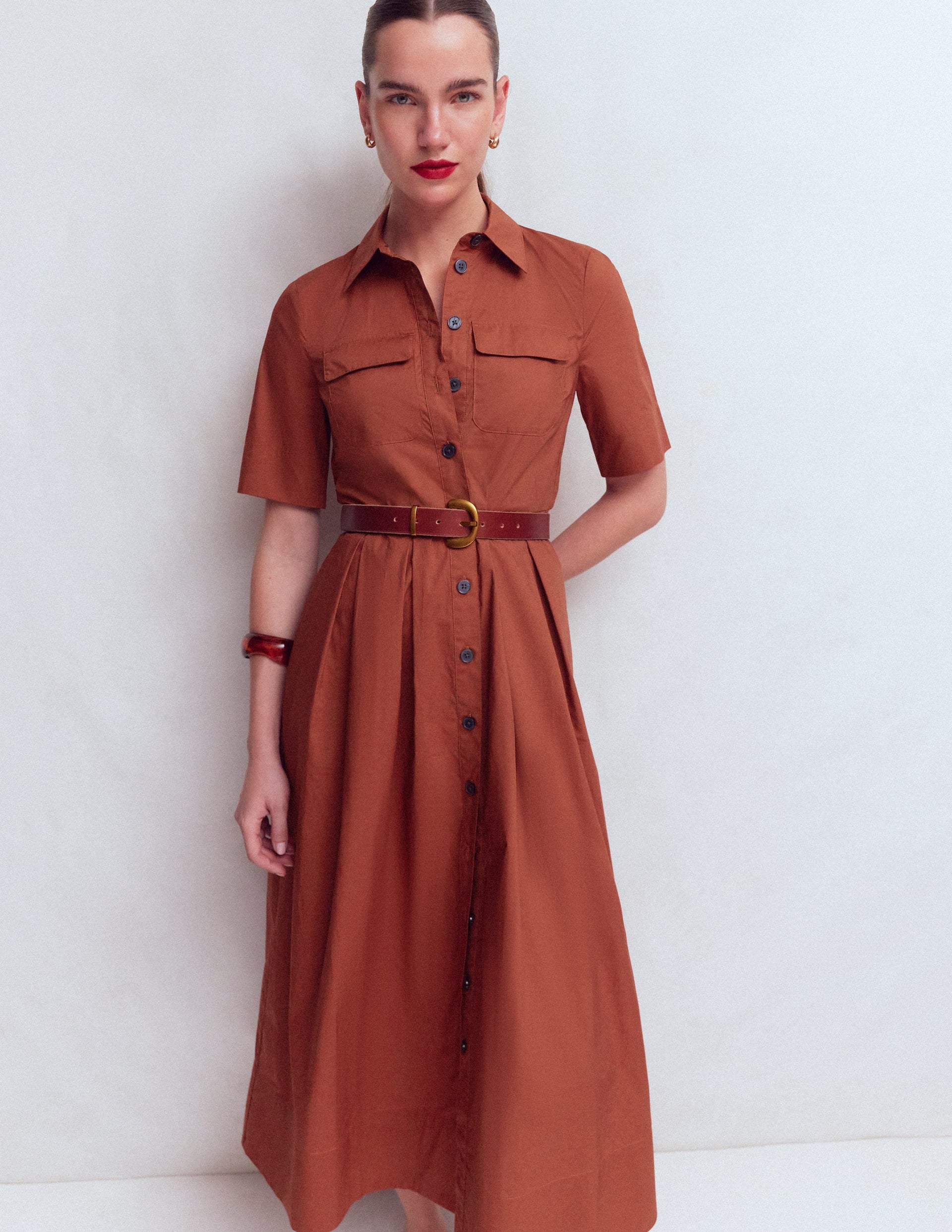 Boden Women's Zoe Short Sleeve Shirt Dress in Brown