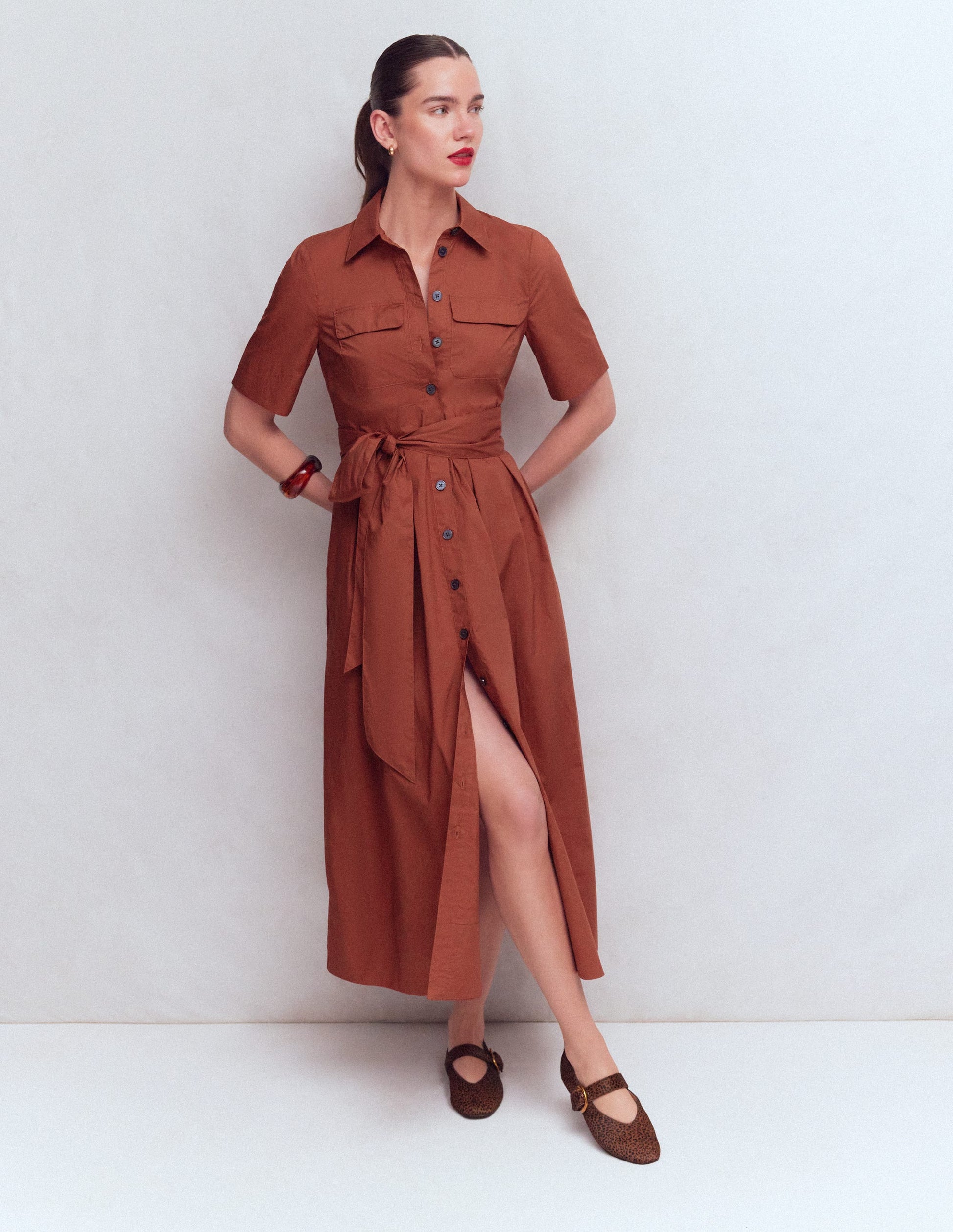 Zoe Short Sleeve Shirt Dress-Burnt Orange