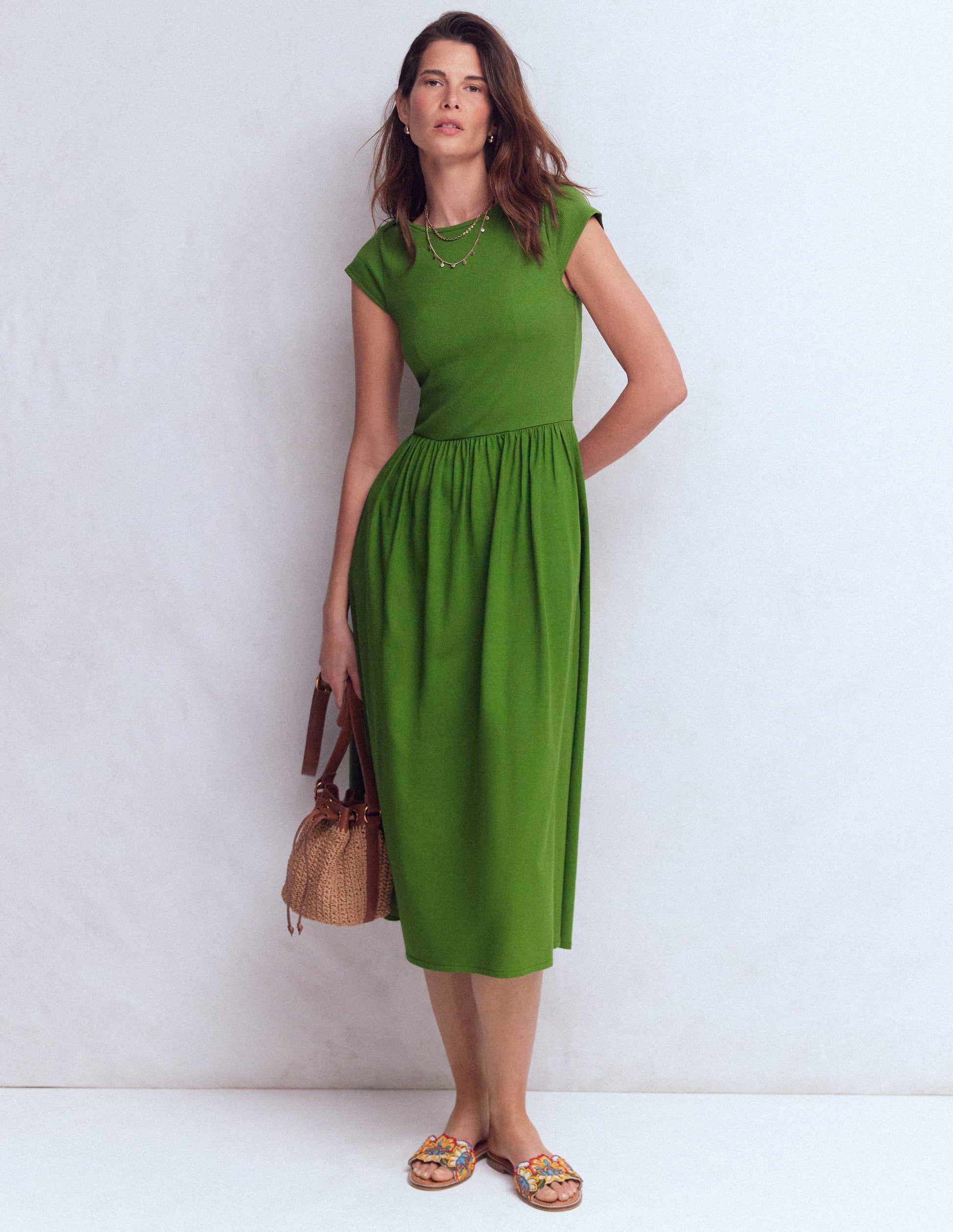 Boat Neck Mix Dress-Promenade Green-1