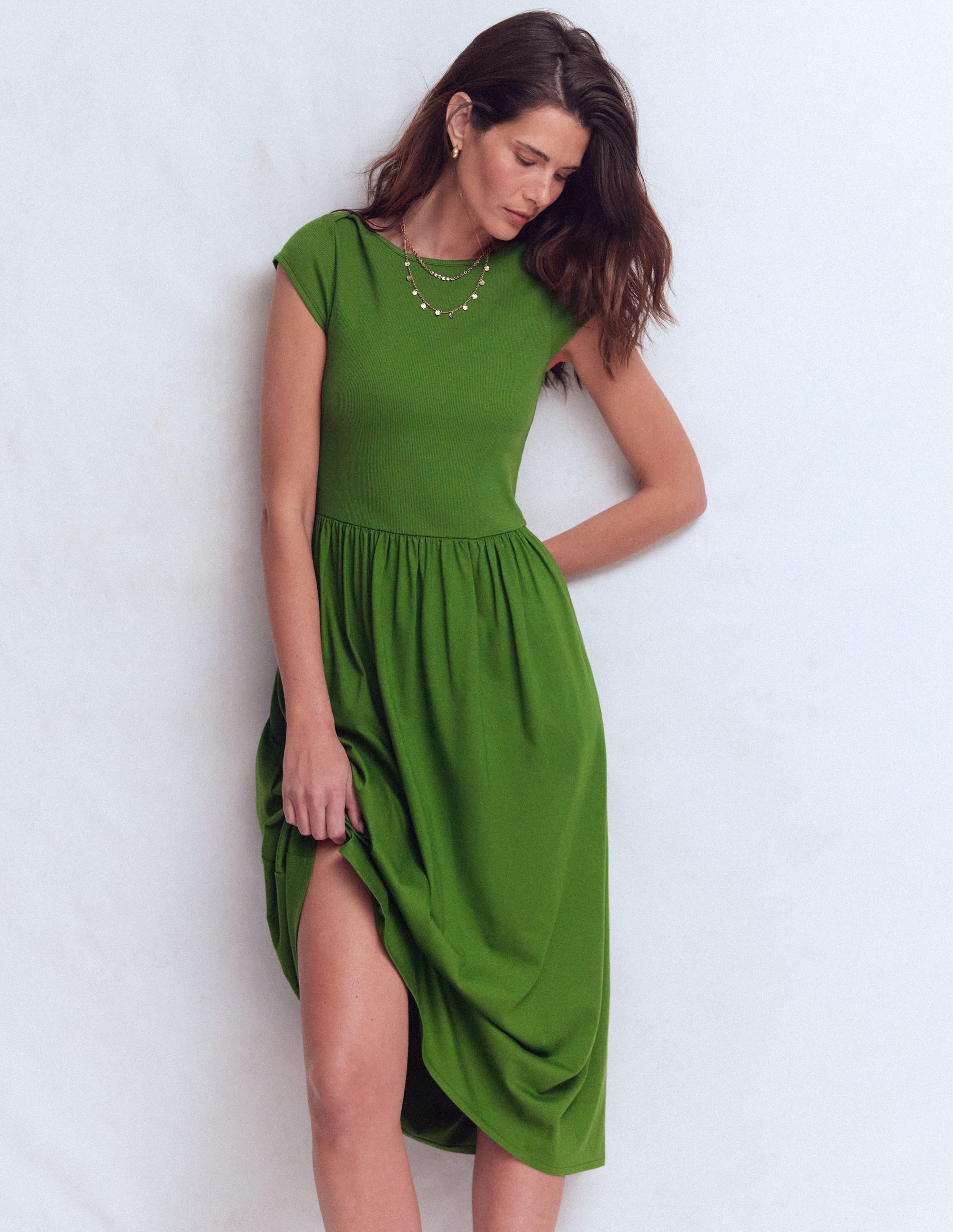 Boat Neck Mix Dress-Safari Green - Image 5