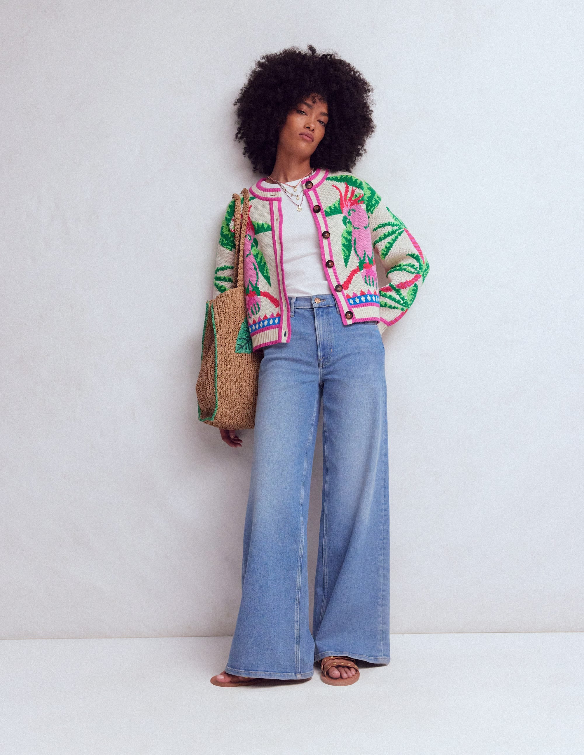 Abi Jacquard Cardigan - Warm Ivory, Palm Tree Birds | Boden USA