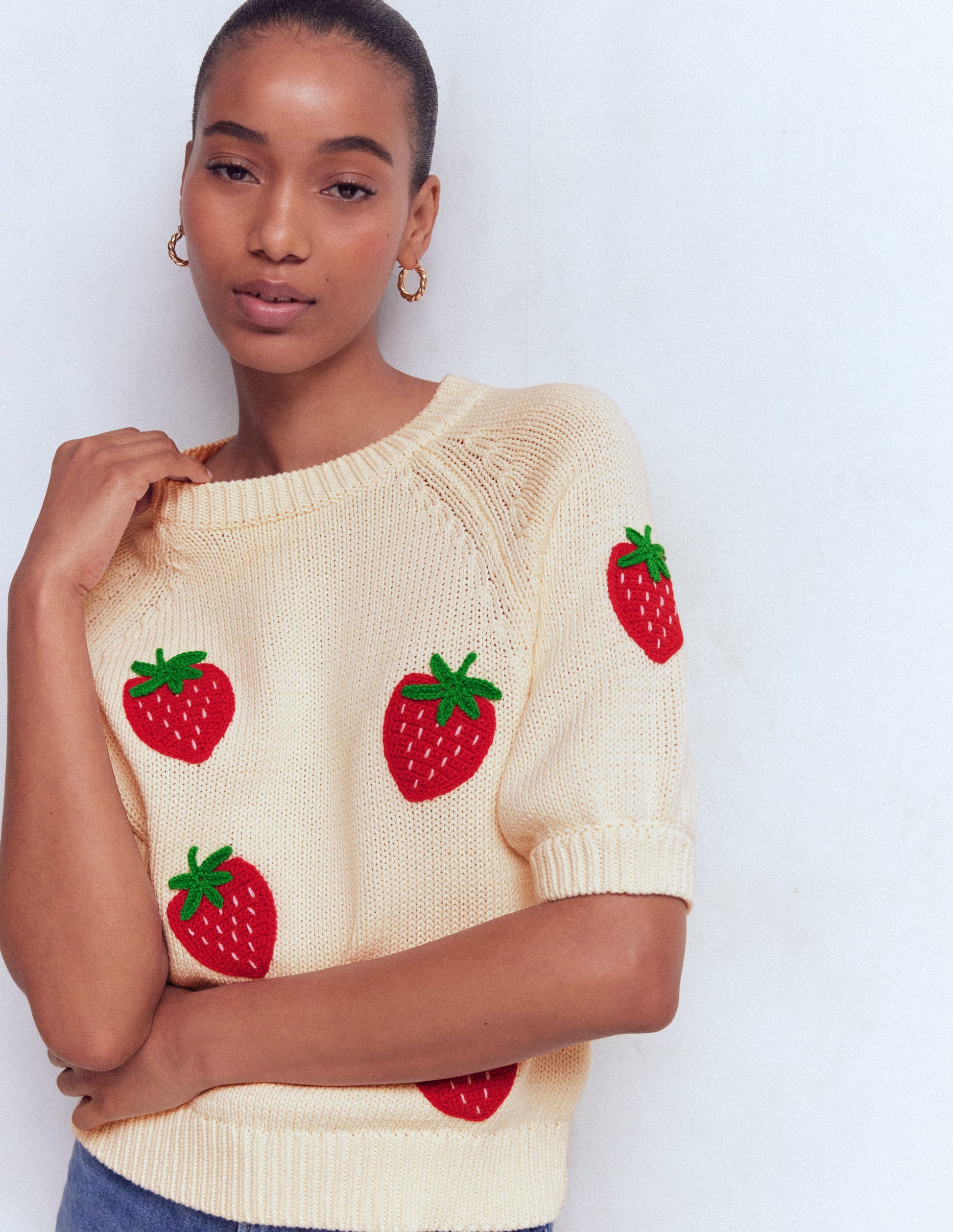 Margot Puff Sleeve T-Shirt-Warm Ivory Strawberry-5