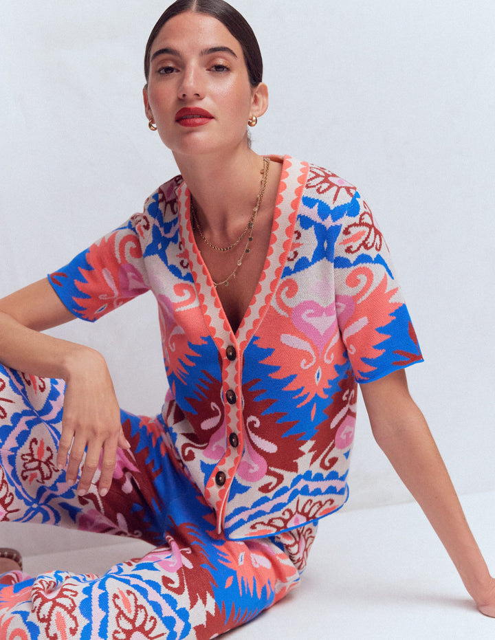 Short Sleeve Jacquard Cardigan-Aztec