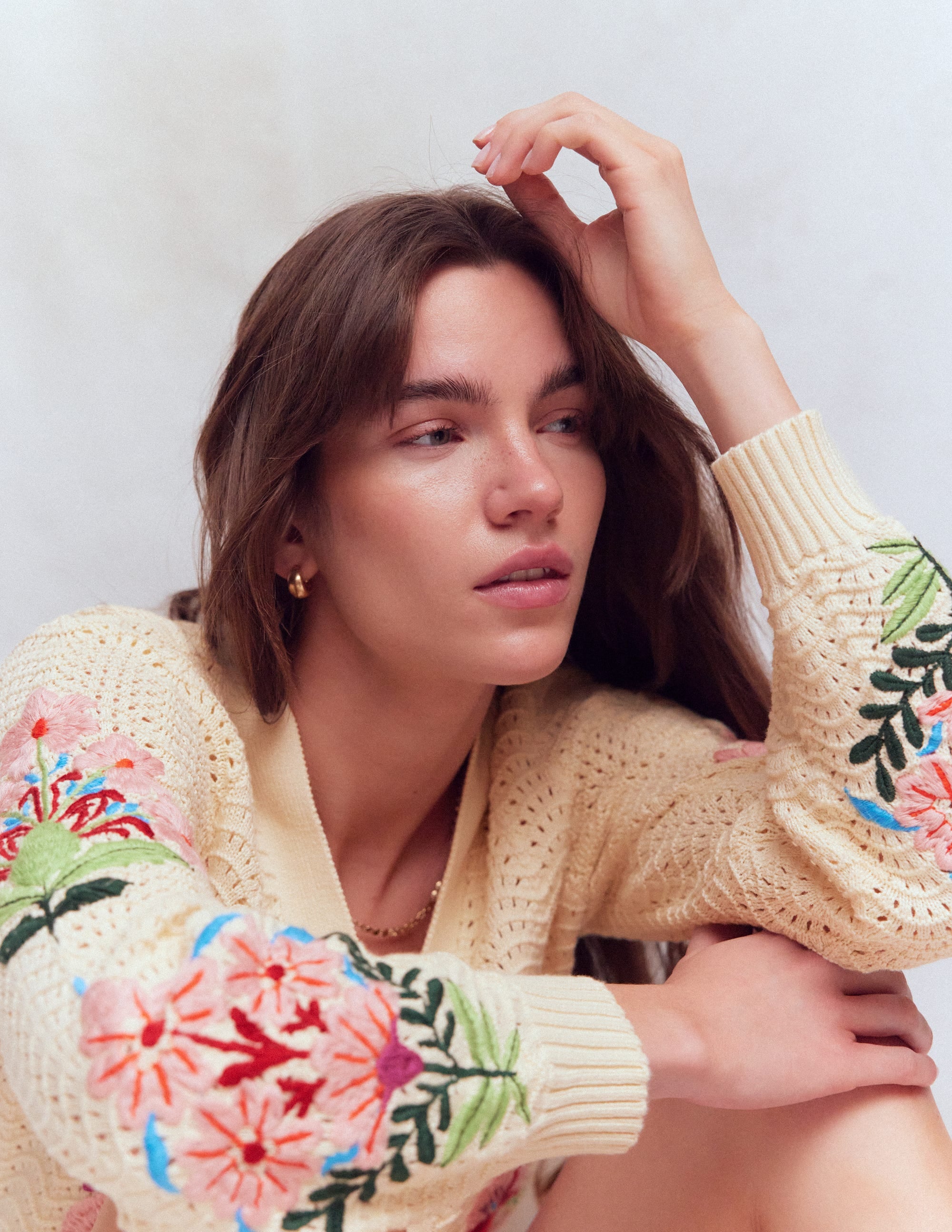 Relaxed Cotton Stitch Cardigan-Ivory, Embroidery - Image 2