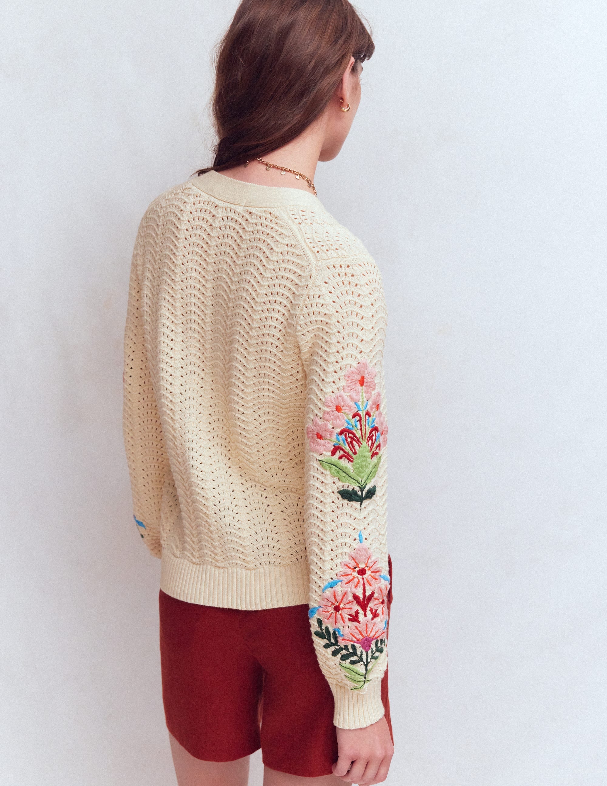 Relaxed Cotton Stitch Cardigan-Ivory, Embroidery - Image 3