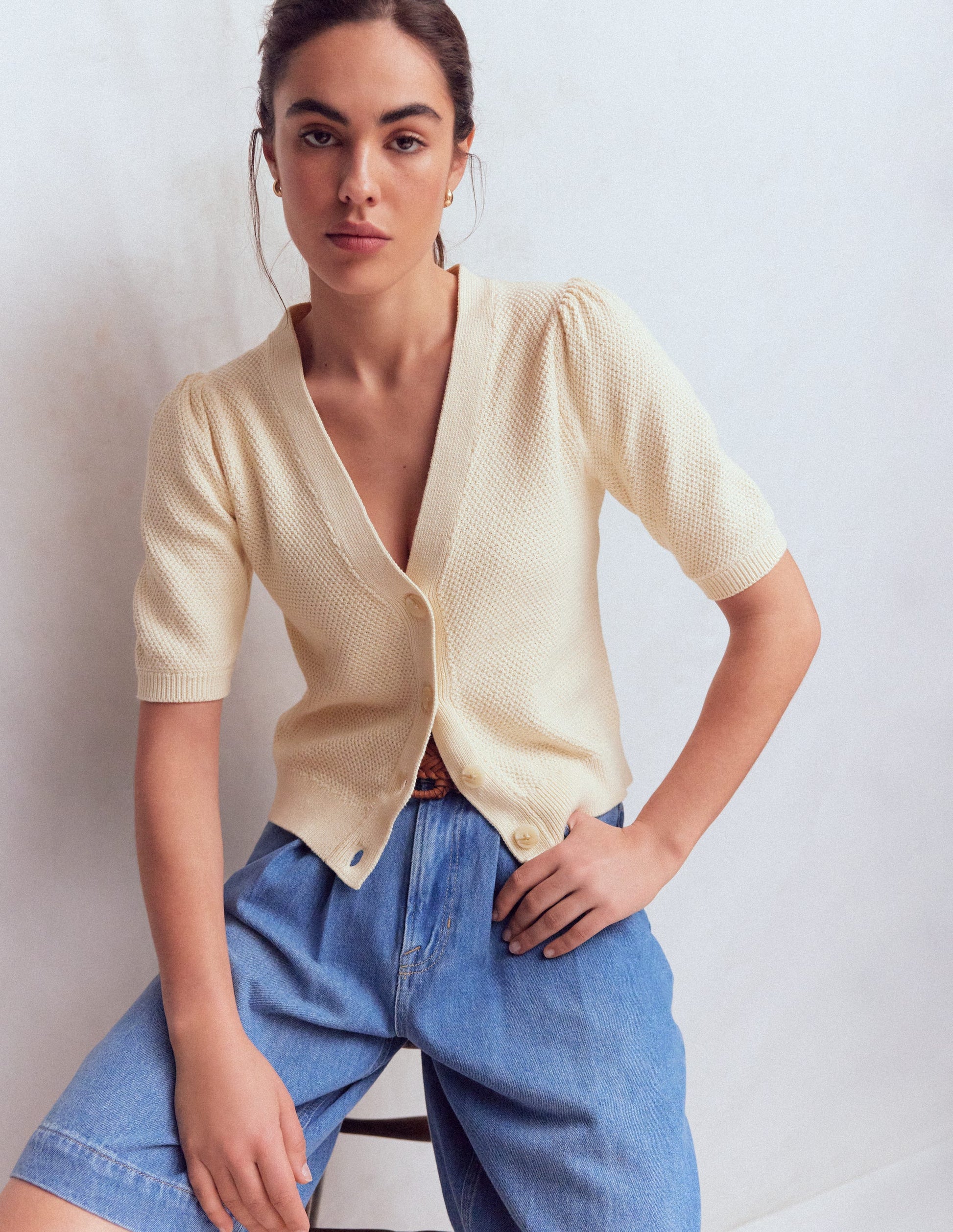 Hayley Cotton V-neck Cardigan-Warm Ivory-1