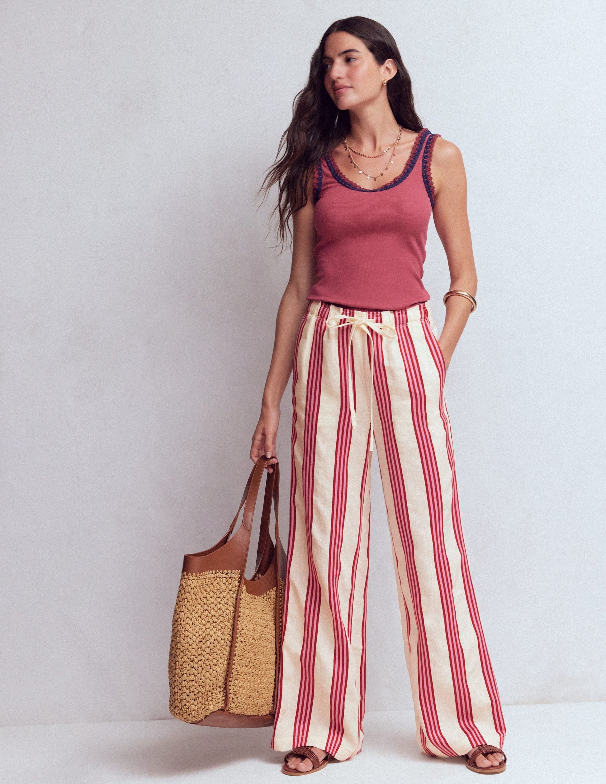 Islington Linen Pants-Ivory, Brown & Pink Stripe-1