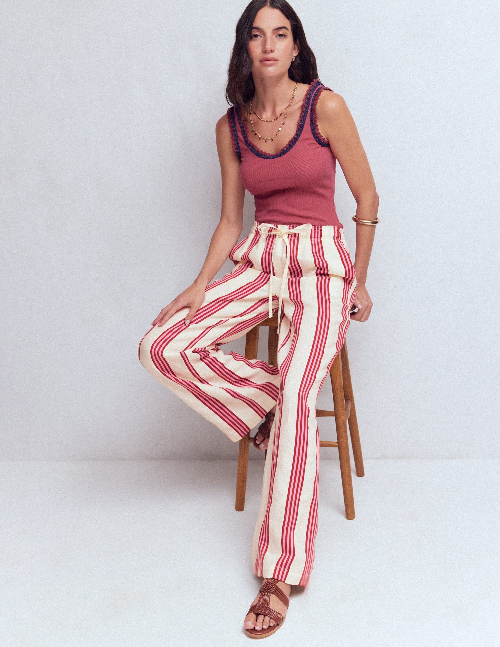 Islington Linen Pants-Ivory, Brown & Pink Stripe-4