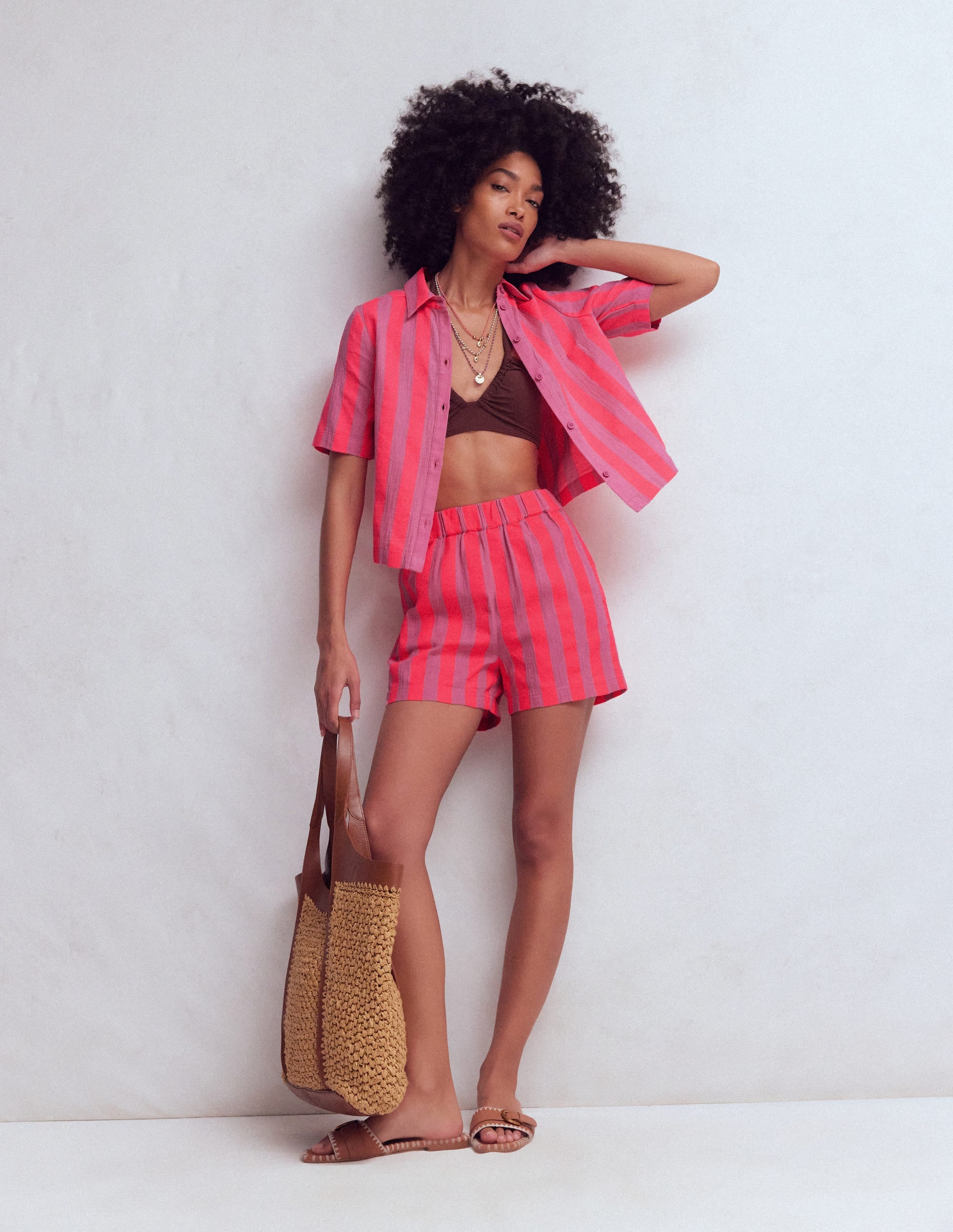 Pull On Double Cloth Shorts-Pink, Neon Coral Mid Stripe - Image 1