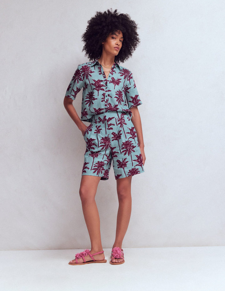 Kensington Linen Shorts-Seamist Blue, Palm Paradise