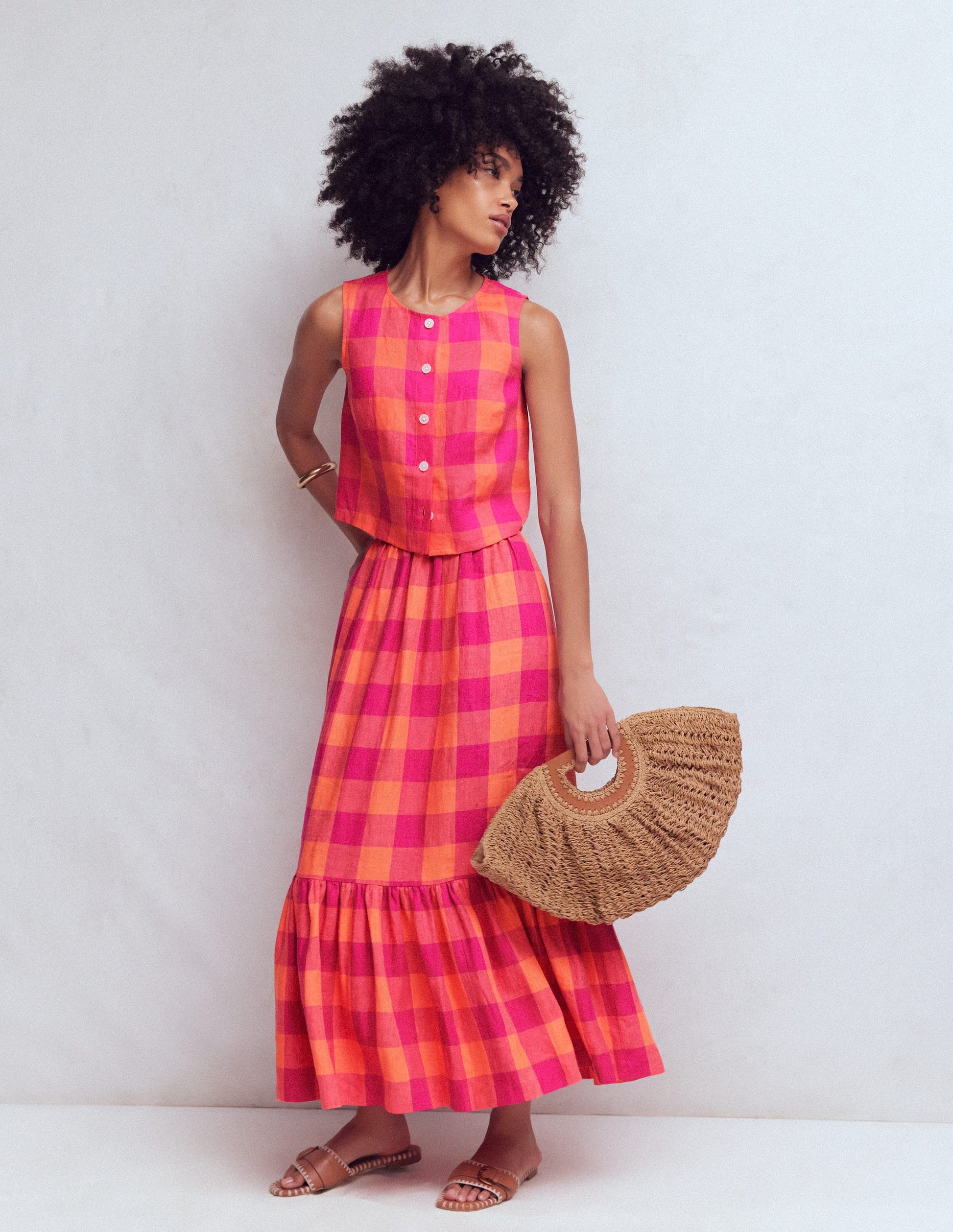 Abigail Linen Maxi Skirt-Zesty Orange, Pink Gingham-1