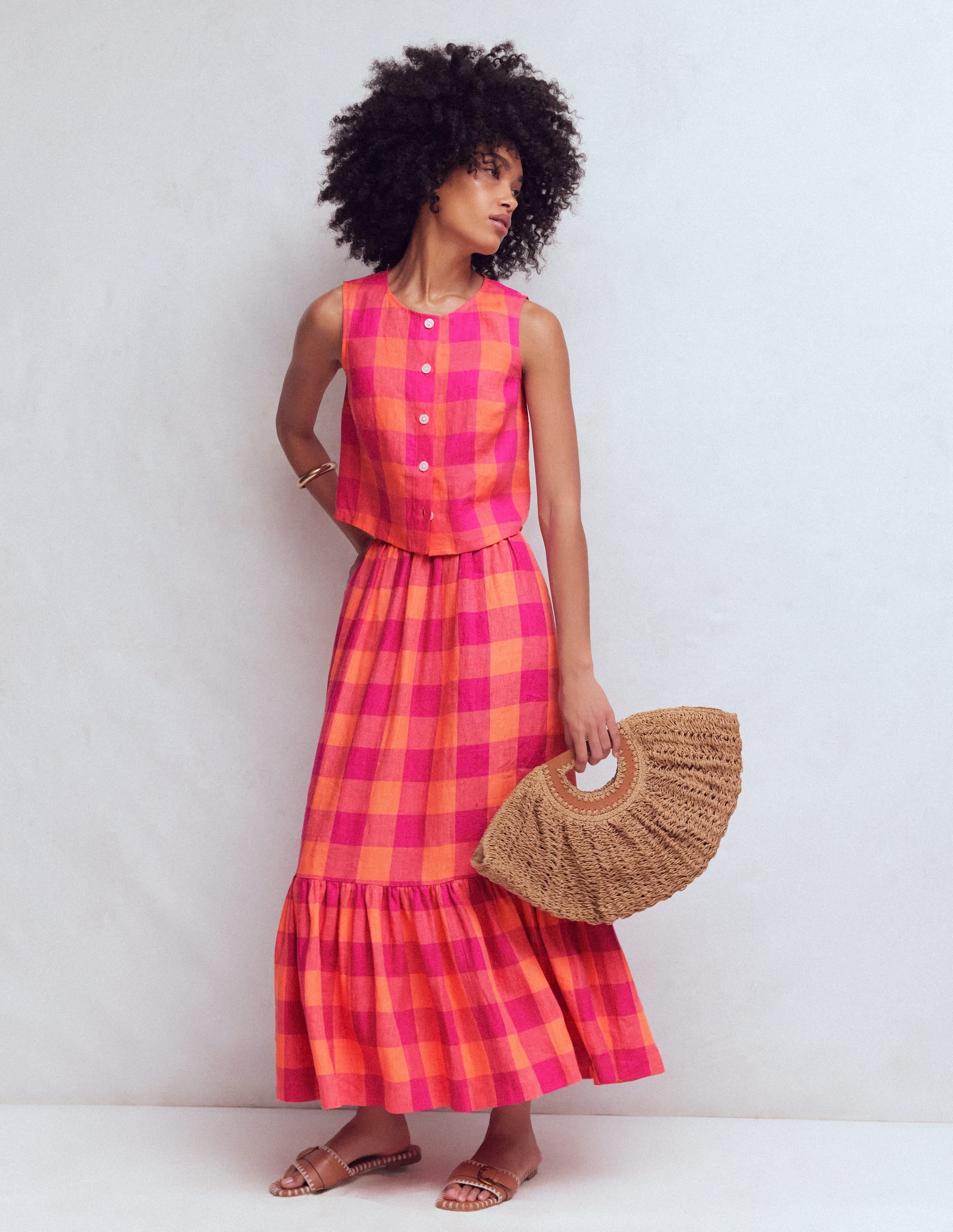 Abigail Linen Maxi Skirt-Zesty Orange, Pink Gingham - Image 1