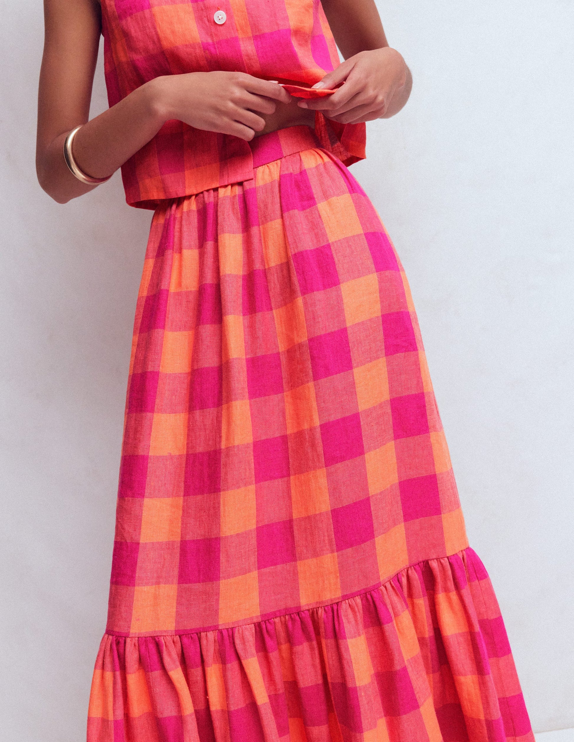 Abigail Linen Maxi Skirt-Zesty Orange, Pink Gingham-2