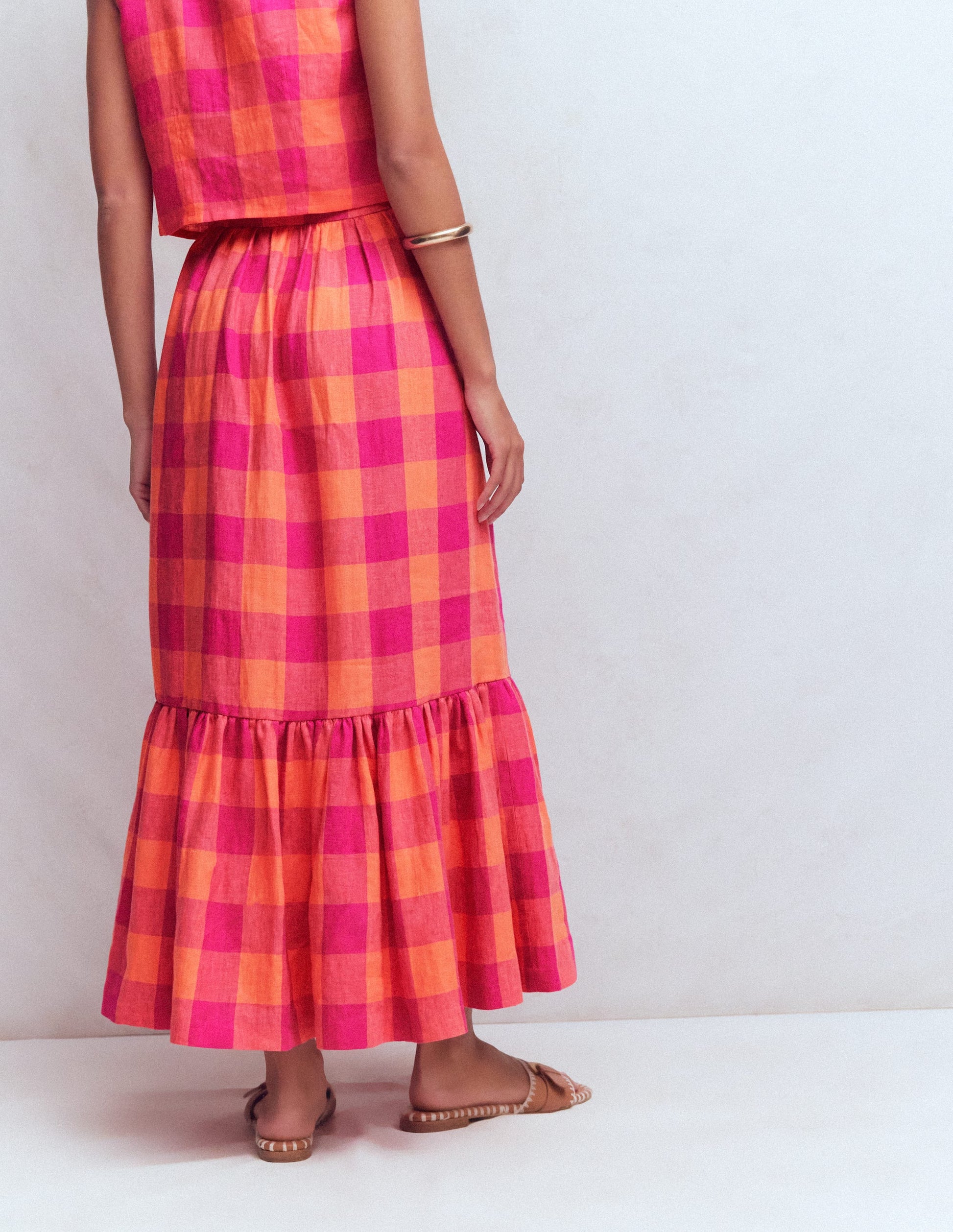 Abigail Linen Maxi Skirt-Zesty Orange, Pink Gingham-3