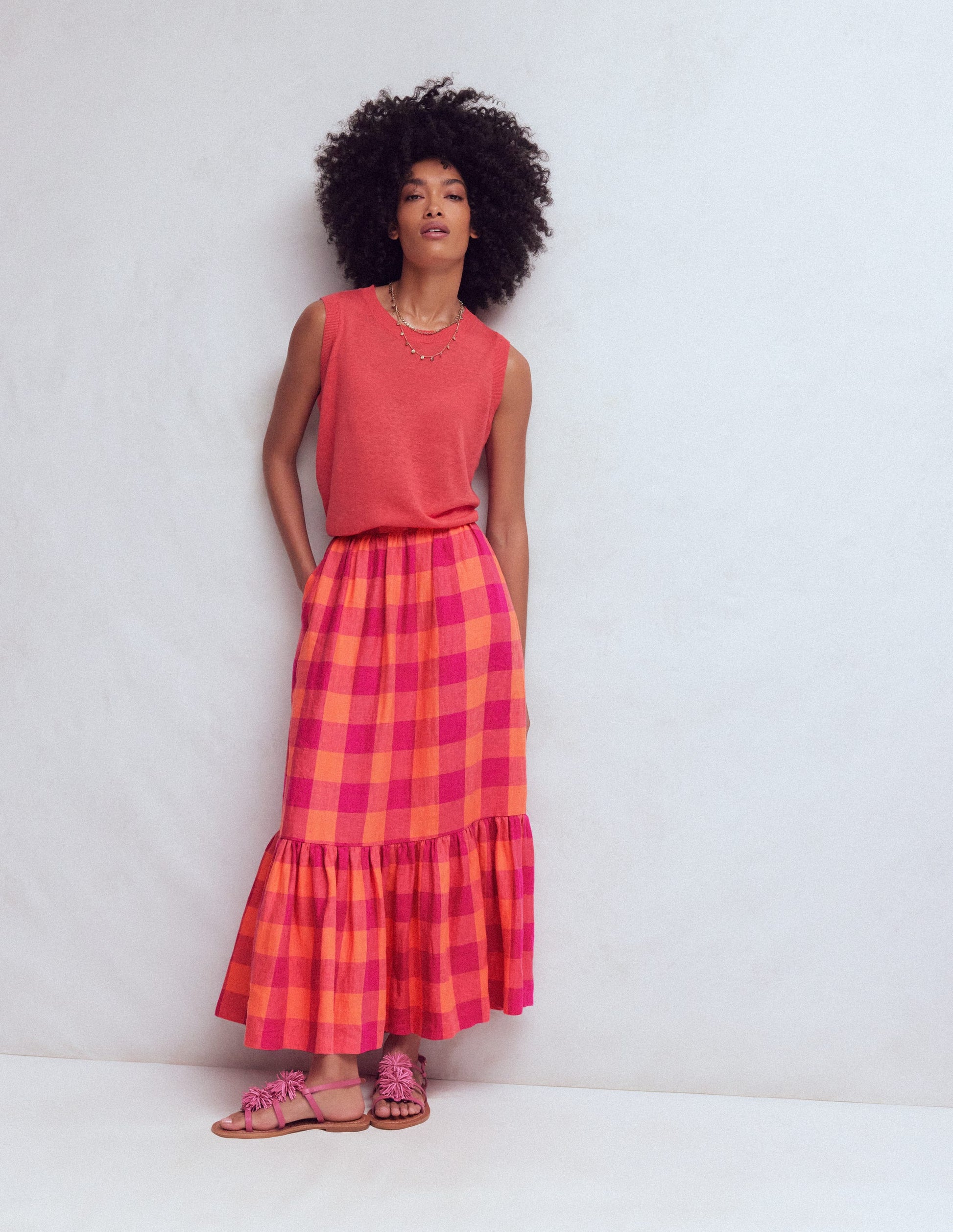 Abigail Linen Maxi Skirt-Zesty Orange, Pink Gingham-4