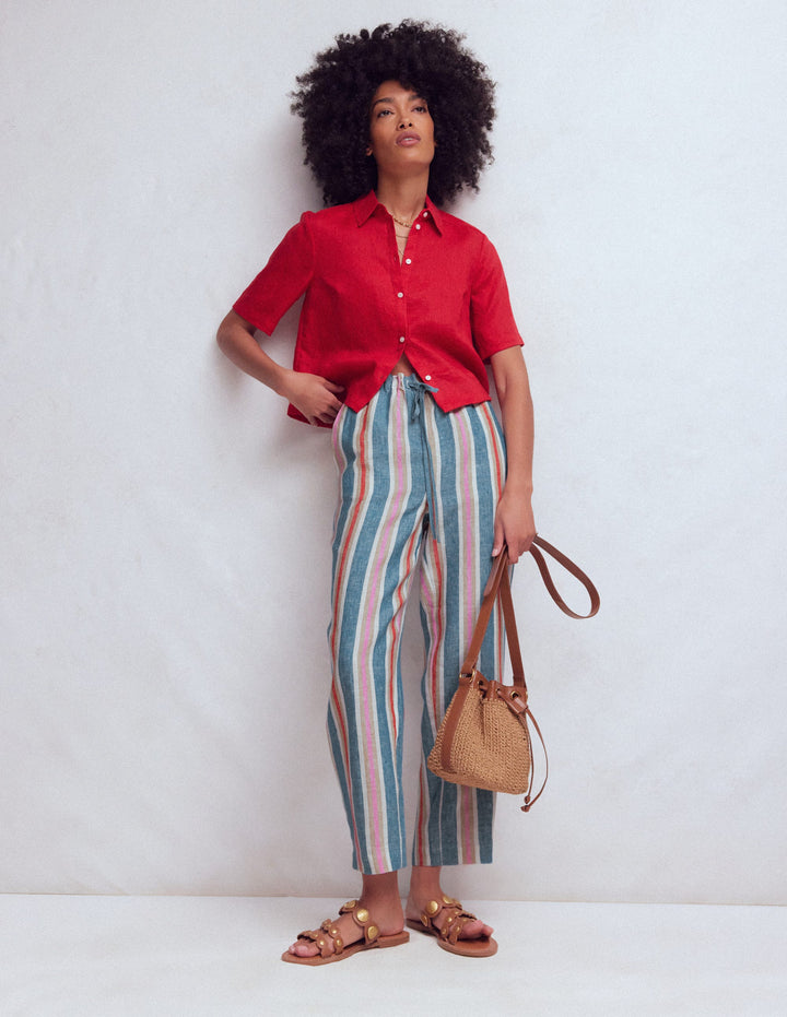 Islington Linen Crop Pants-Faience and Rose Multistripe