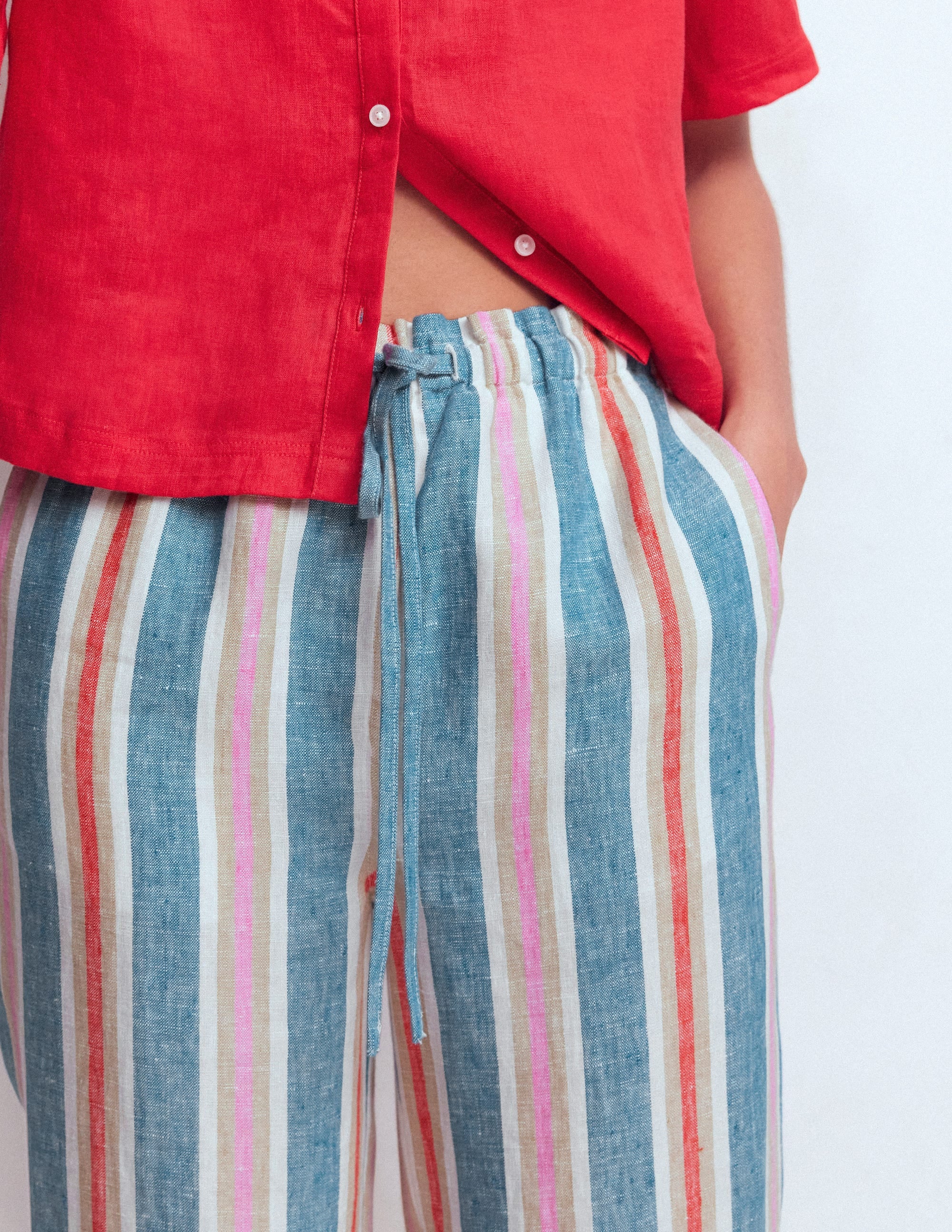 Islington Linen Crop Pants-Blue, Pink, Red Multistripe - Image 2