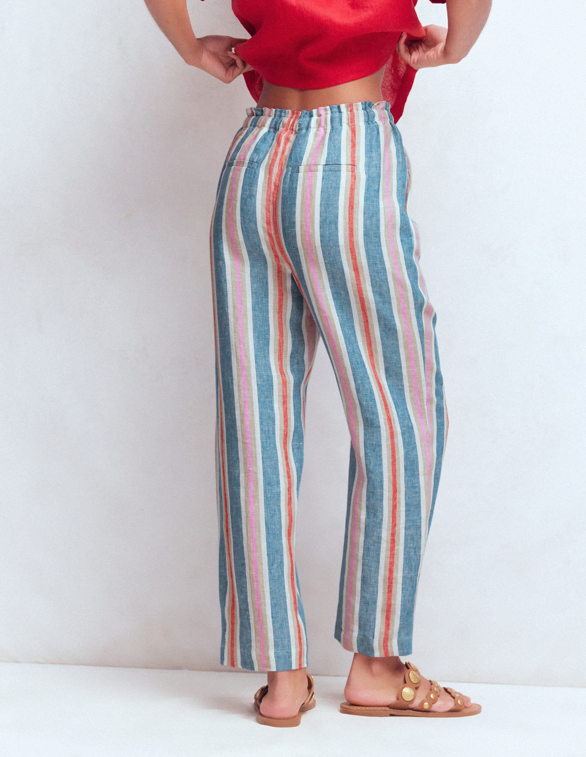Islington Linen Crop Pants-Blue, Pink, Red Multistripe - Image 3
