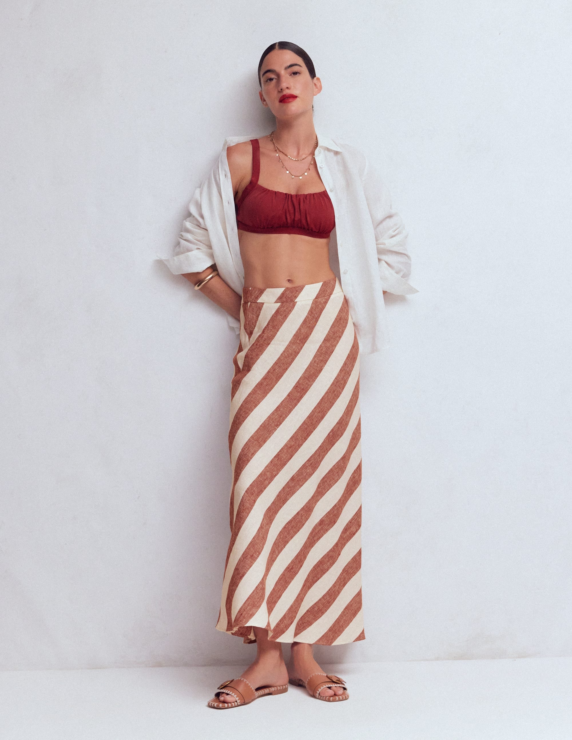 Bias Cut Linen Slip Skirt-Brown Diagonal Stripe - Image 1