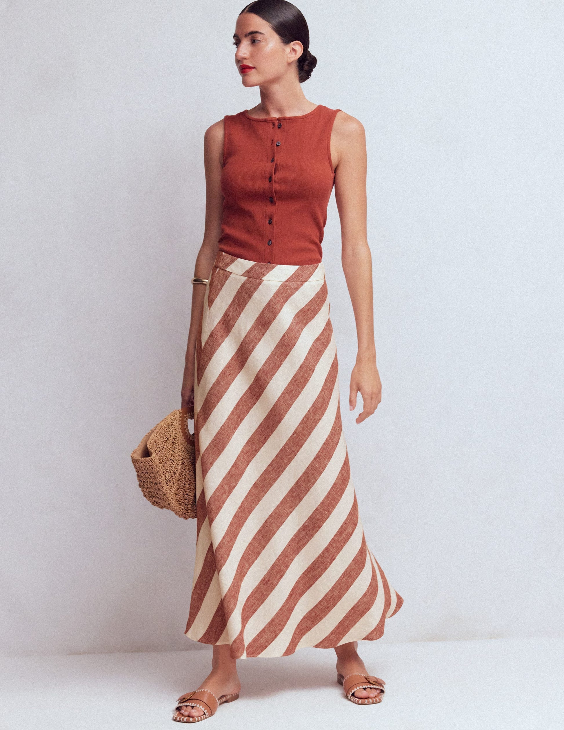 Bias Cut Linen Slip Skirt-Brown Diagonal Stripe-5